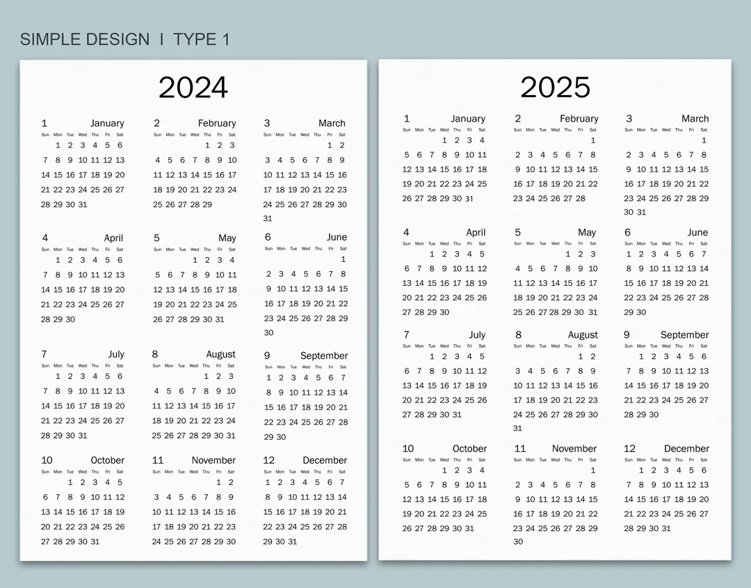 2024 25 Calendar Printable Yearly Calendar Minimalist Calendar Simple Calendar One Page Calendar Etsy