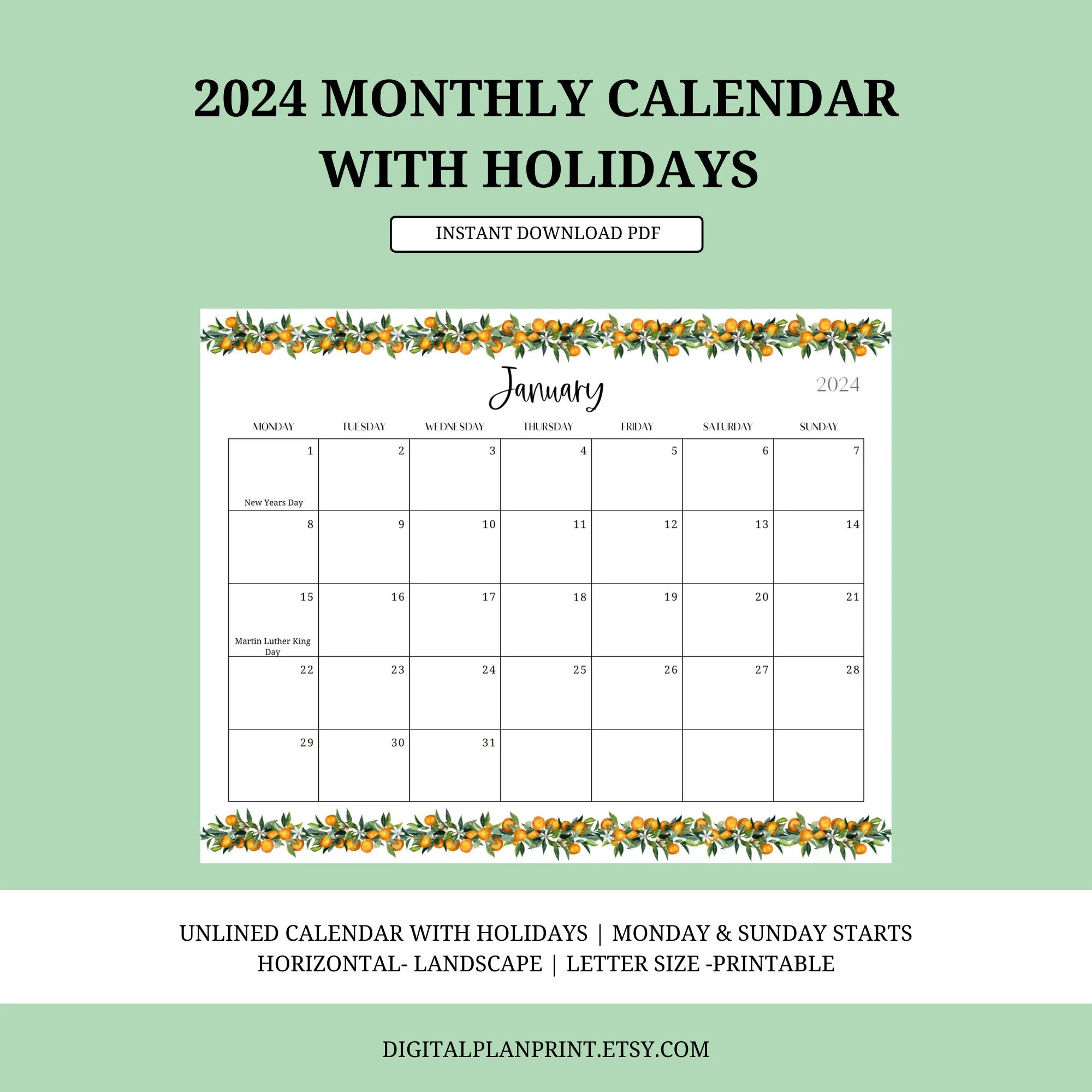 2024 Monthly Calendar With Holidays printable tangerines Design pdf horizontal landscape unlined Calendar sunday monday Start Etsy