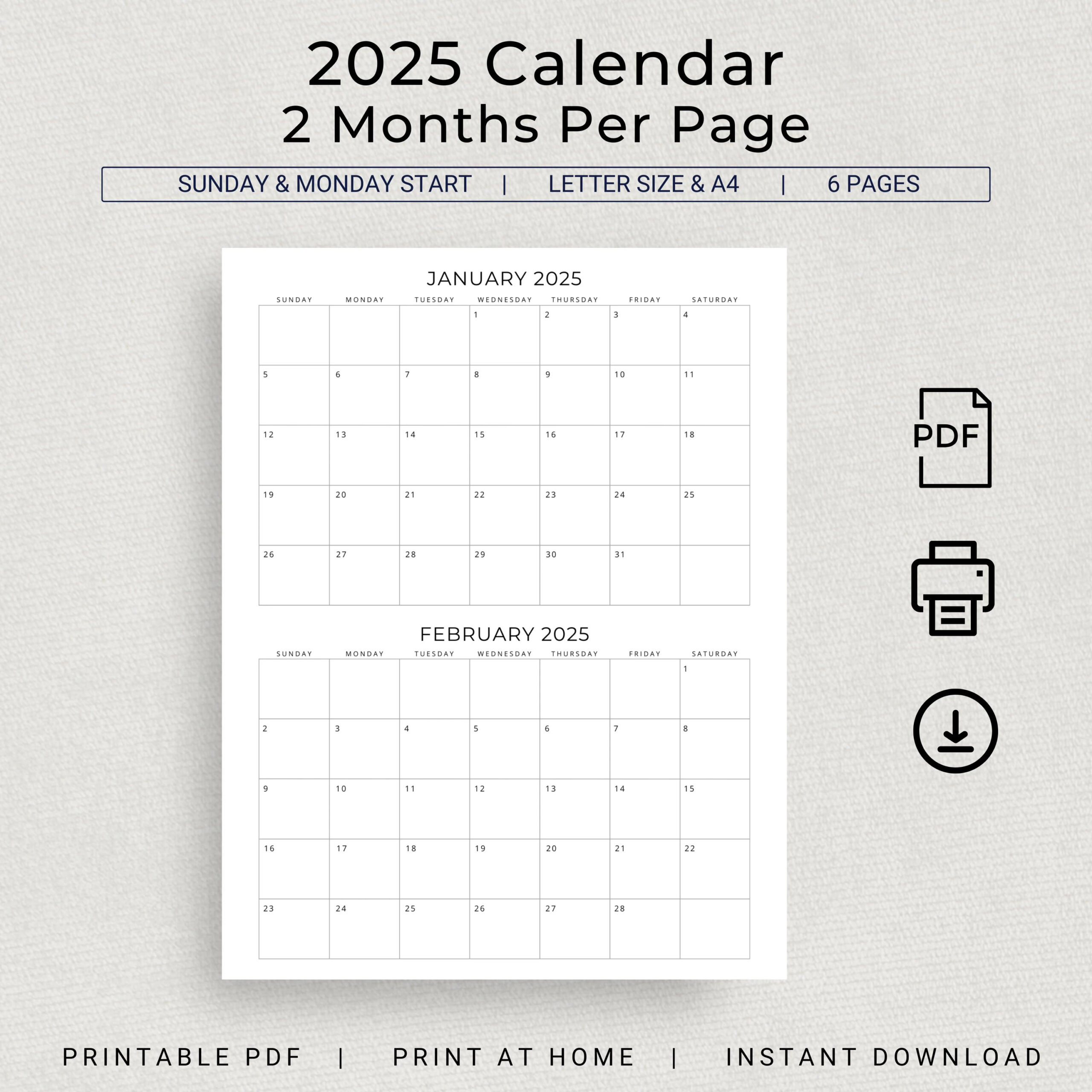 2025 2 Month Calendar 2025 Planner Calendar Wall Calendar 2 Months Per Page Minimalist Monthly Calendar 2025 Printable PDF Monthly Organizer Etsy Australia