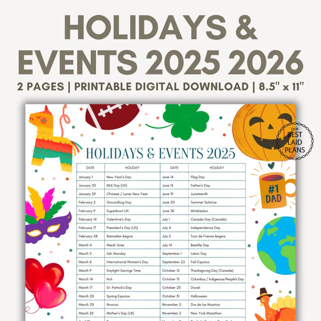 2025 2026 Holiday Calendar Printable US World Events PDF PNG Etsy