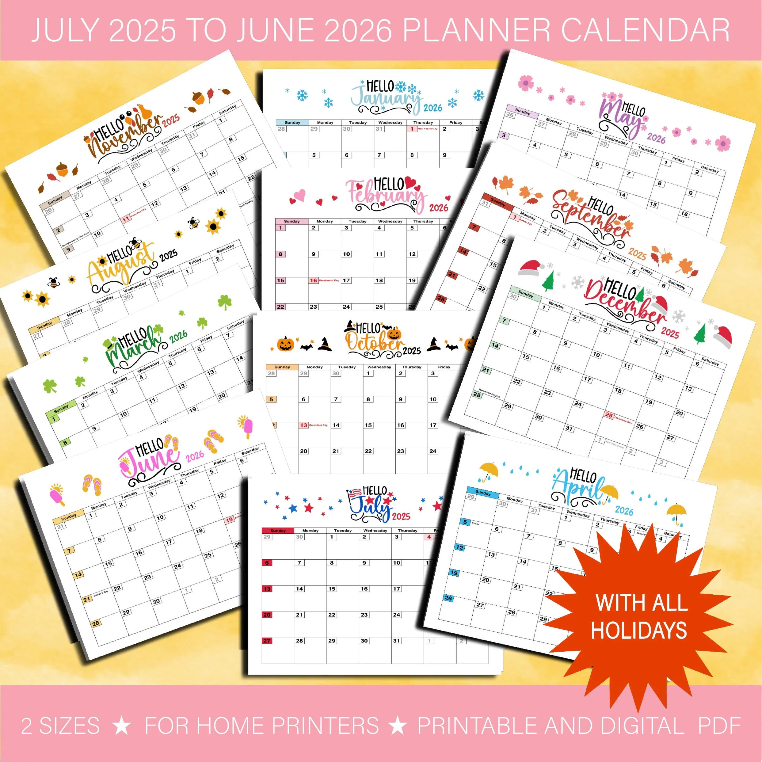 2025 2026 July To June Calendar Printable With Holidays Cute Calendar Wall Calendar PDF Illustrated Calendar Monthly Planner Homeschool Etsy