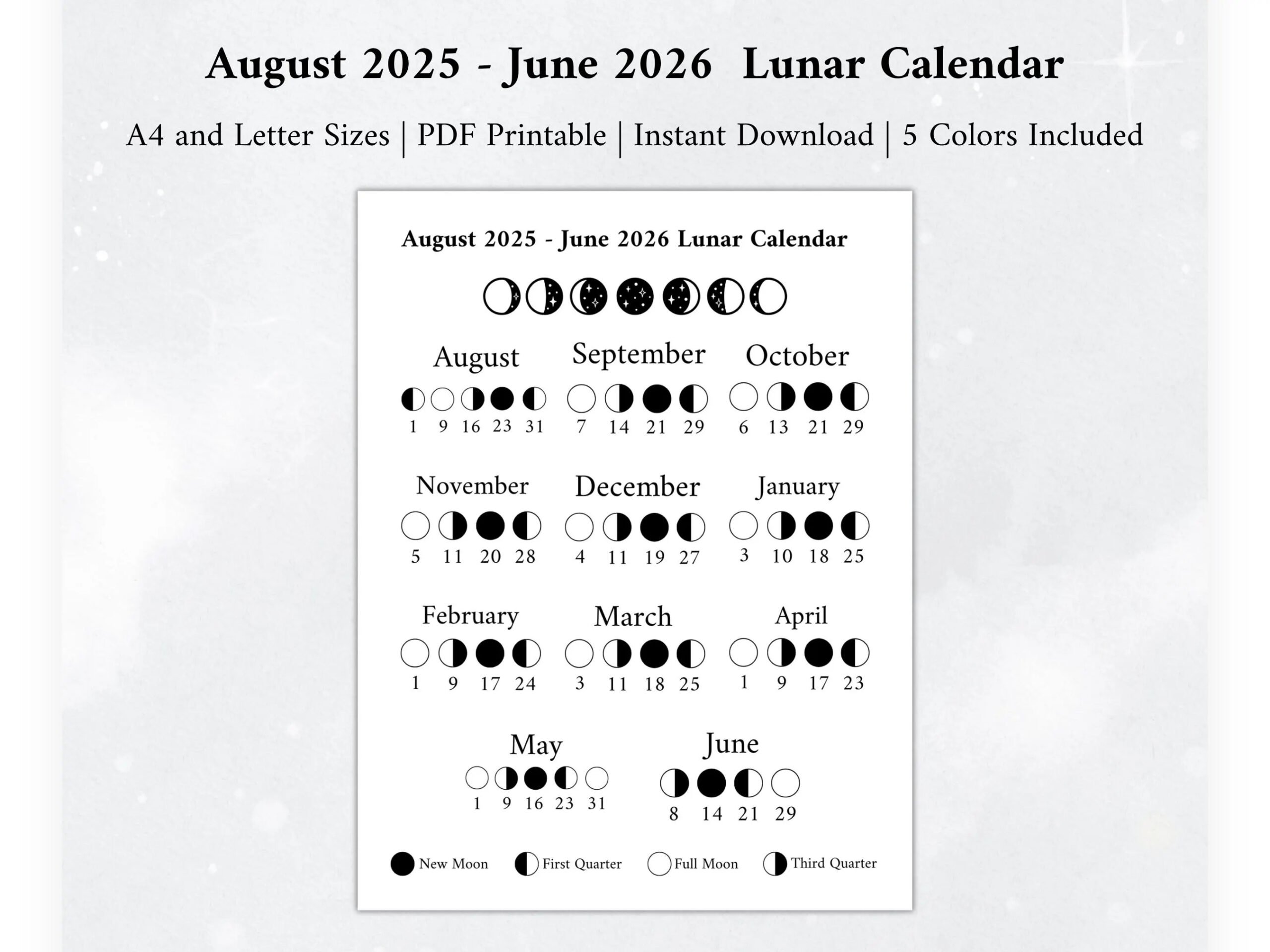 2025 2026 Moon Calendar Moon Phase Calendar Lunar Calendar 2025 Lunar Calendar 2026 Lunar Calendar Moon Calendar Etsy