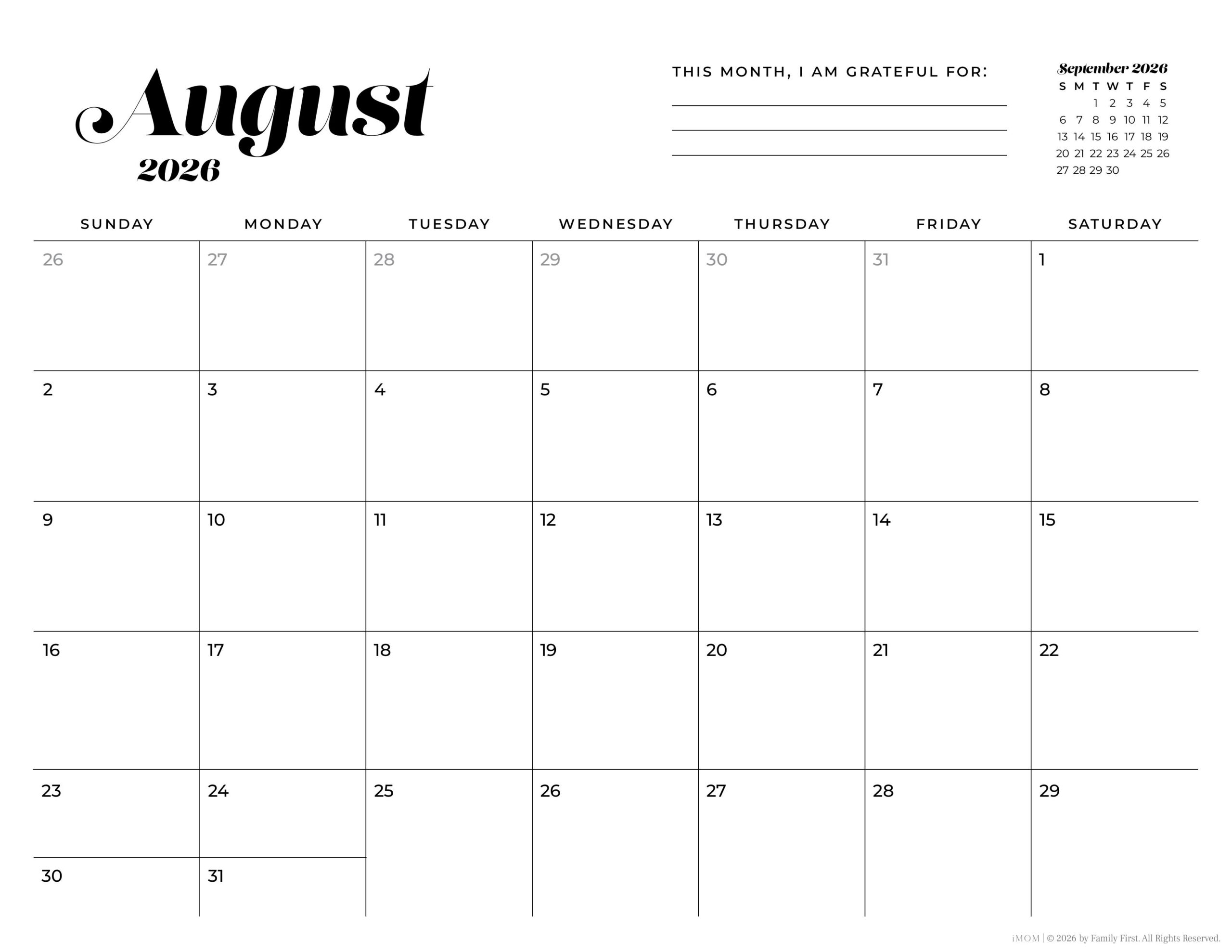 August 2026 Calendar Free Printable