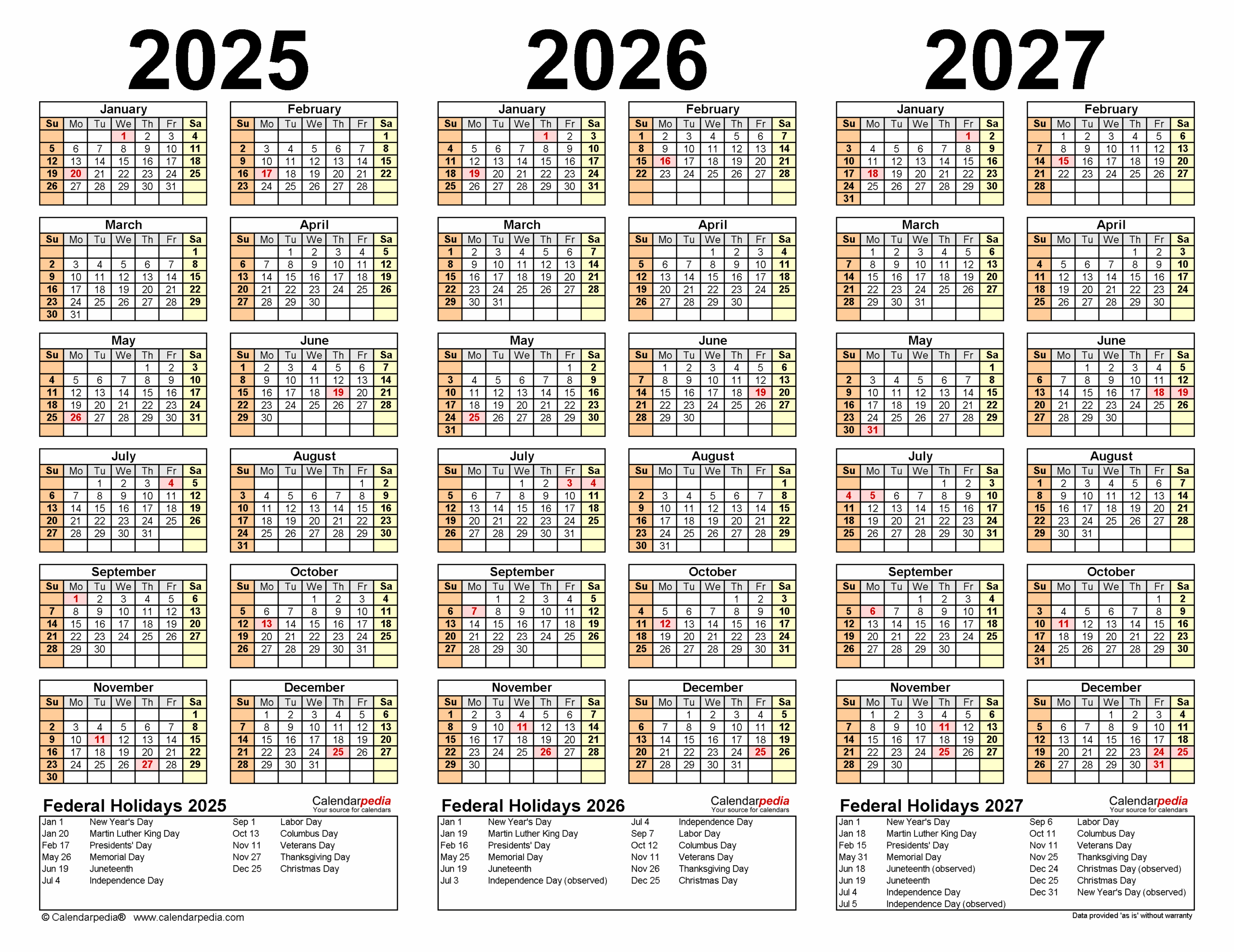 2025 2027 Three Year Calendar Free Printable Word Templates
