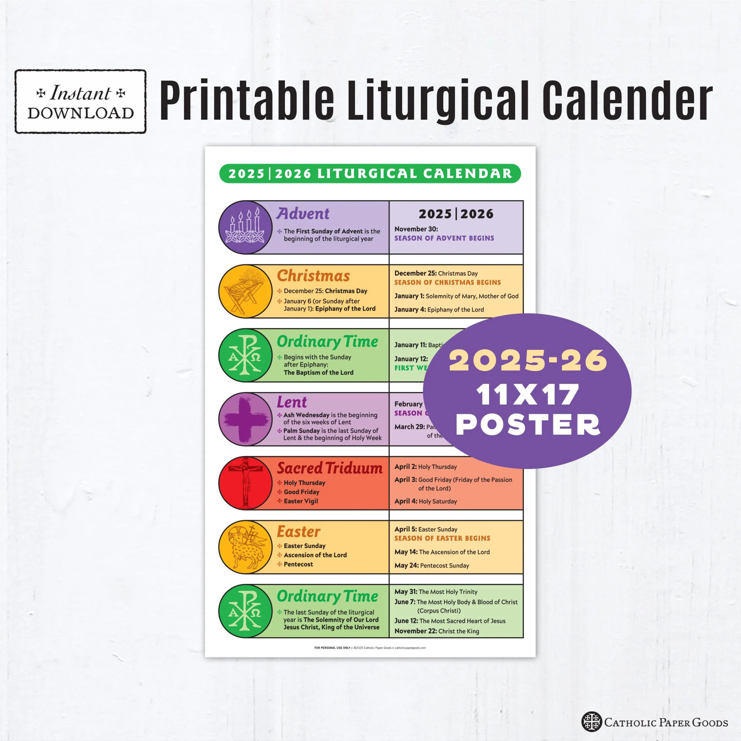 2025 26 Printable Catholic Liturgical Calendar Poster 11x17 Color Poster Catholic Education Classroom Decor Lent Advent Ordinary Time