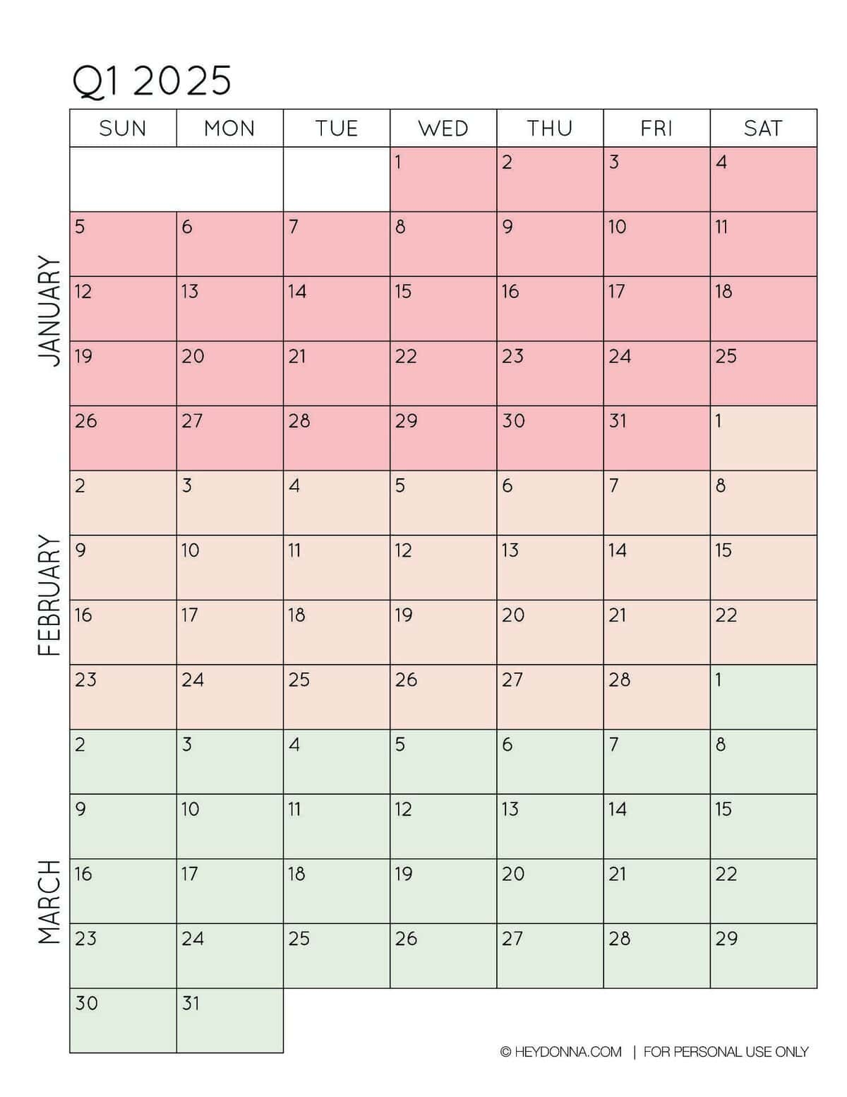 2025 3 Month Quarterly Calendar Printables FREE