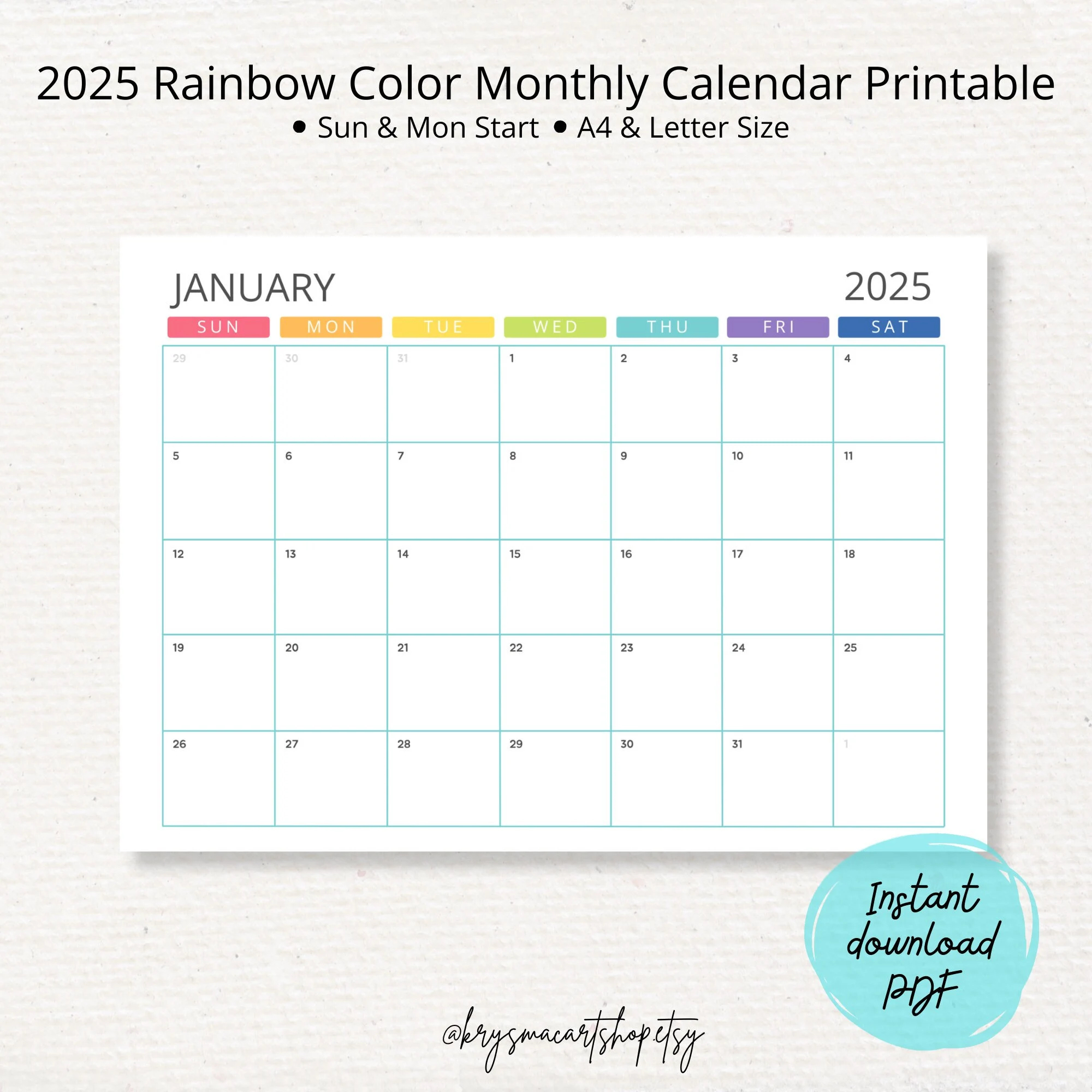 2025 Calendar 2025 Monthly Calendar 2025 Colorful Monthly Calendar Monday Sunday Start A4 And Letter Size PDF File Etsy