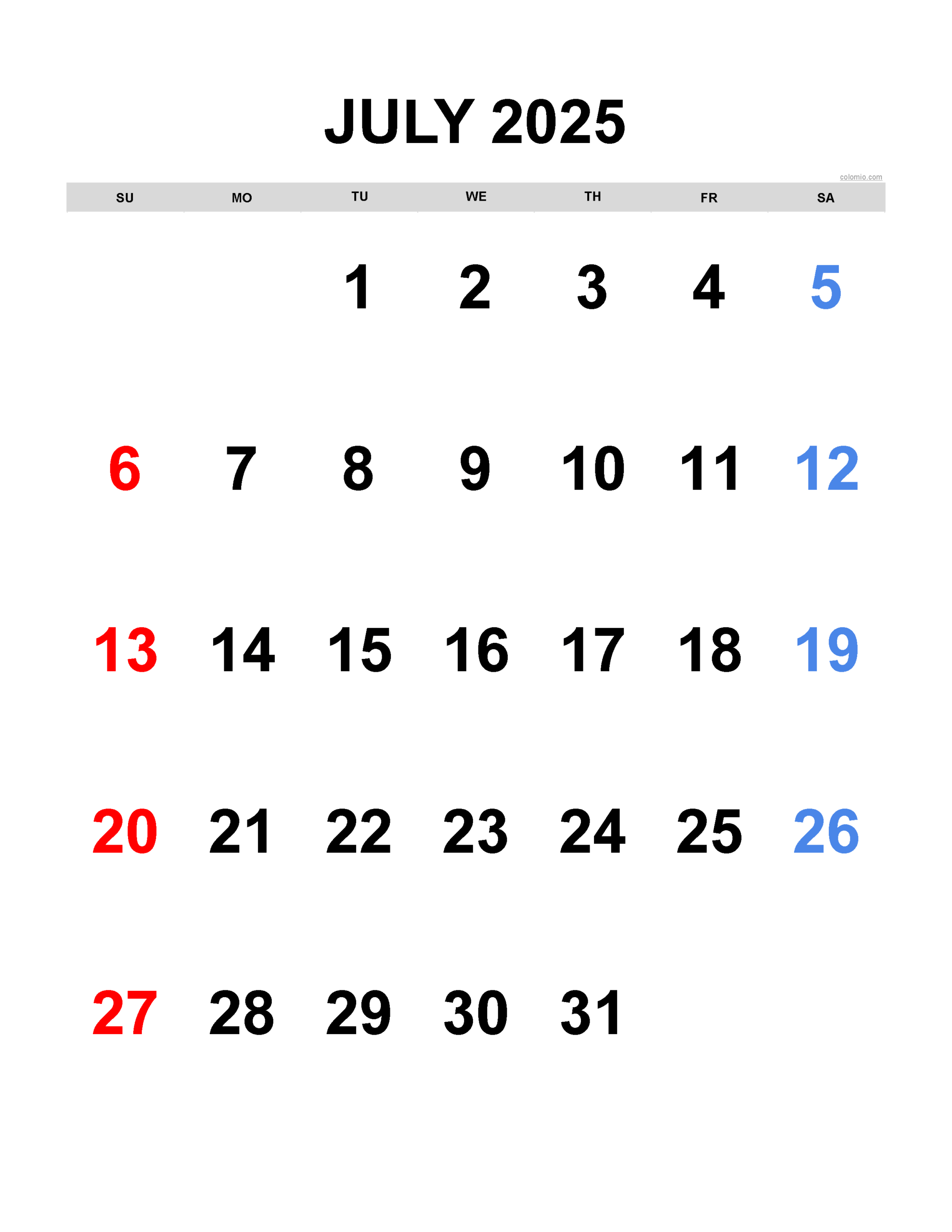 July Calendar 2025 Printable