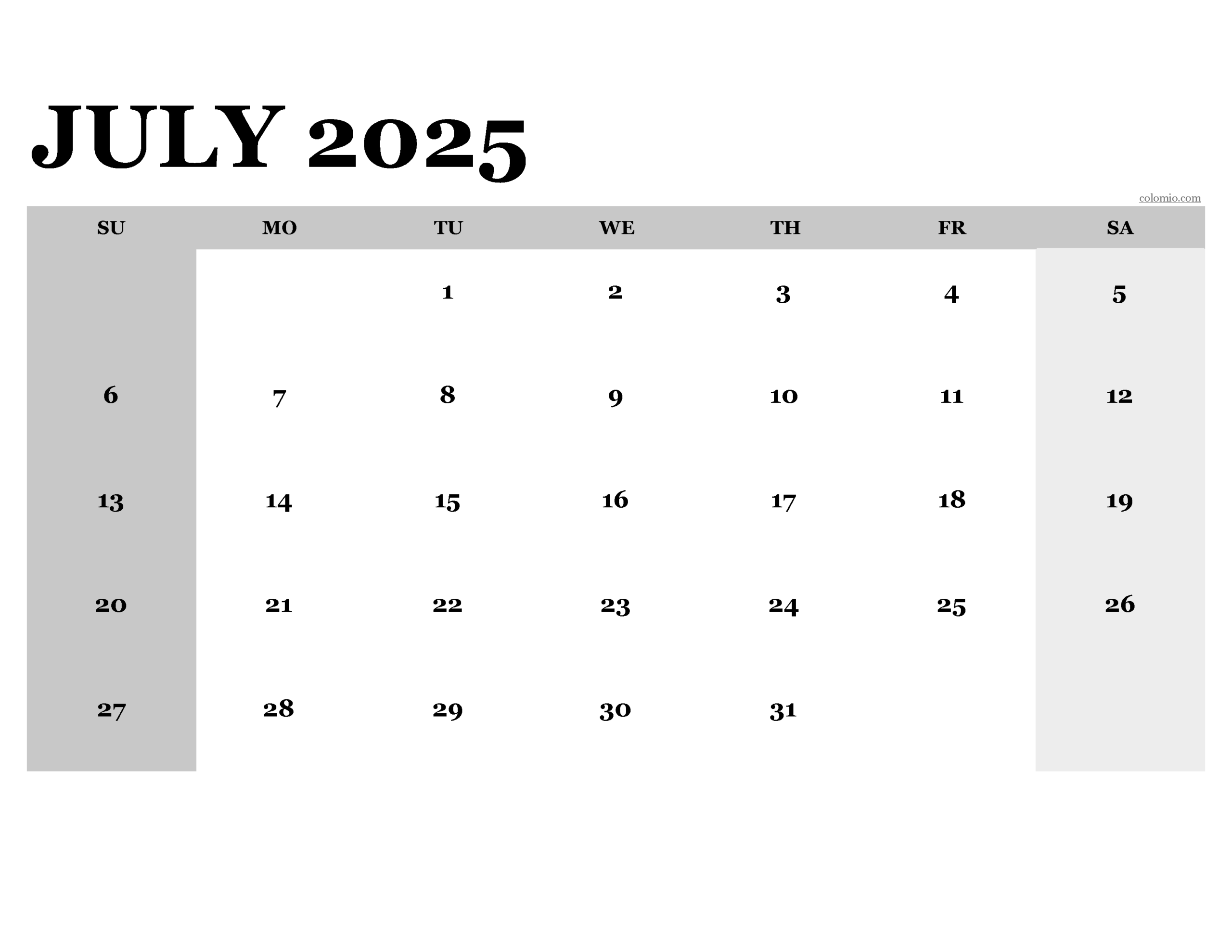 Free Online Printable Monthly Calendar 2025
