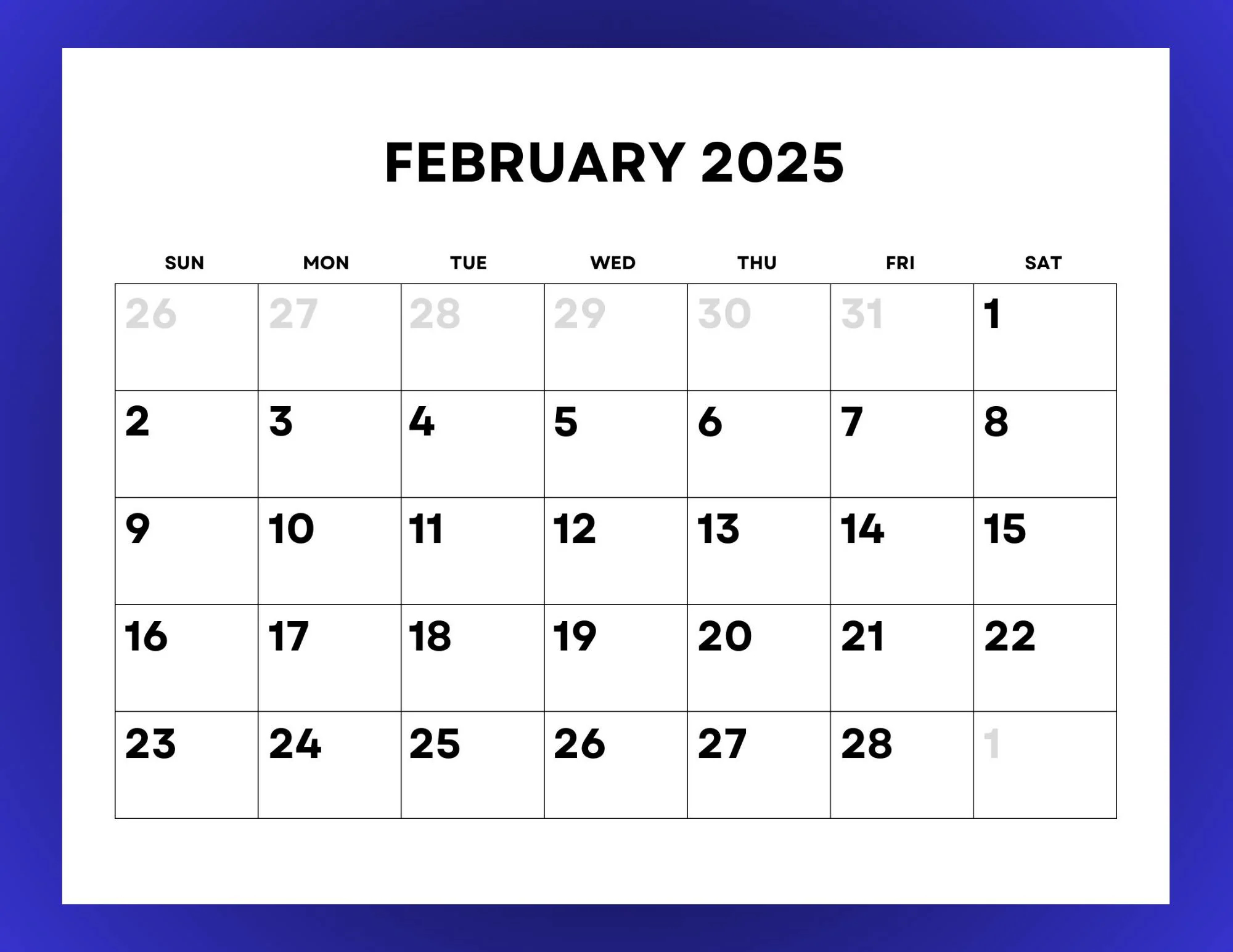 2025 Calendar Monthly Printable With Large Numbers Etsy