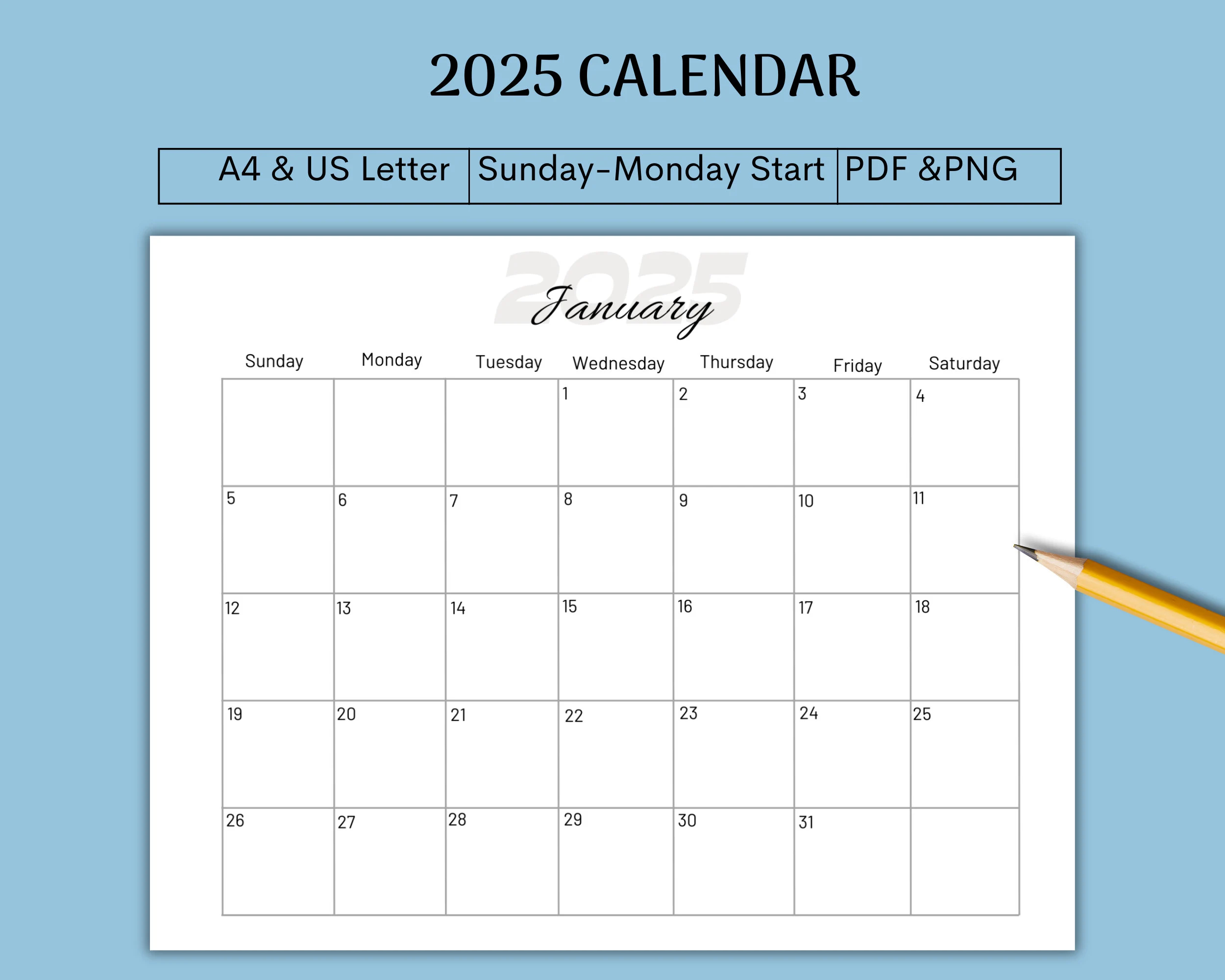 2025 Calendar Printable 2025 Calendar 2025 Calendar Template 2025 Planner Sunday Monday Start A4 US Letter PDF PNG Etsy