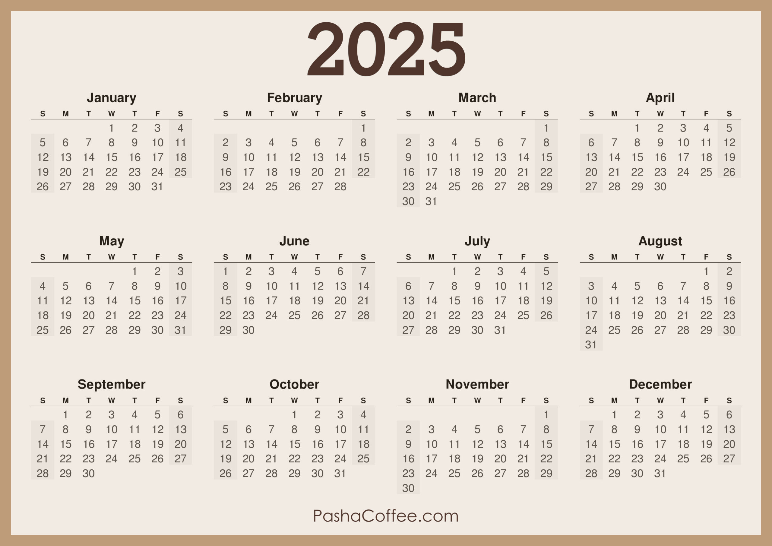 2025 Calendar Printable Free Horizontal Beige PashaCoffee