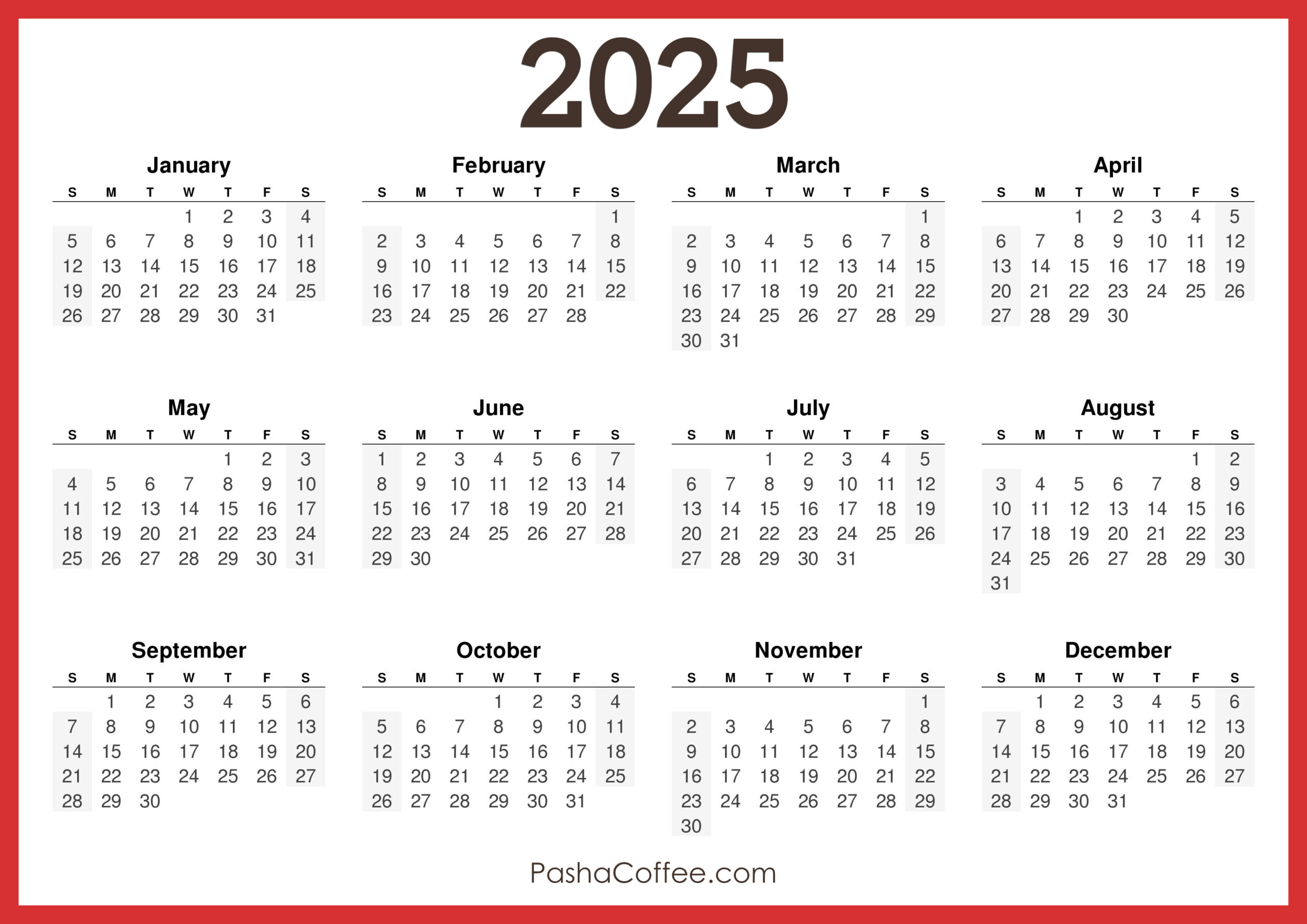 2025 Calendar Printable Free Horizontal Red PashaCoffee