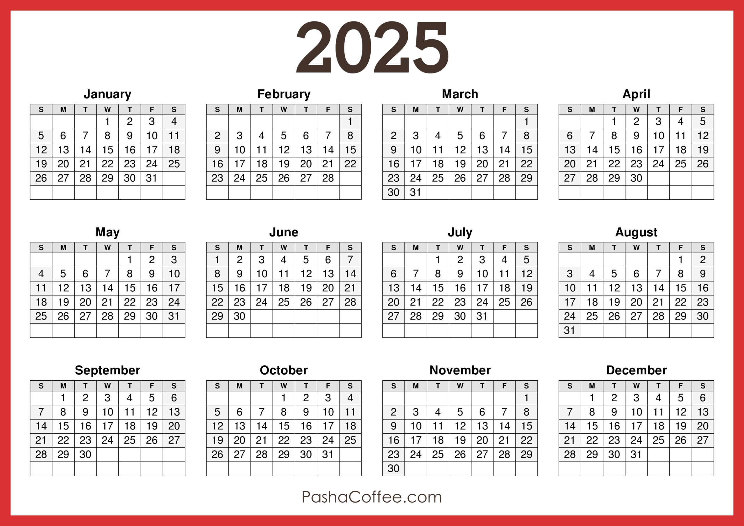 2025 Calendar Printable Free Horizontal Red PashaCoffee