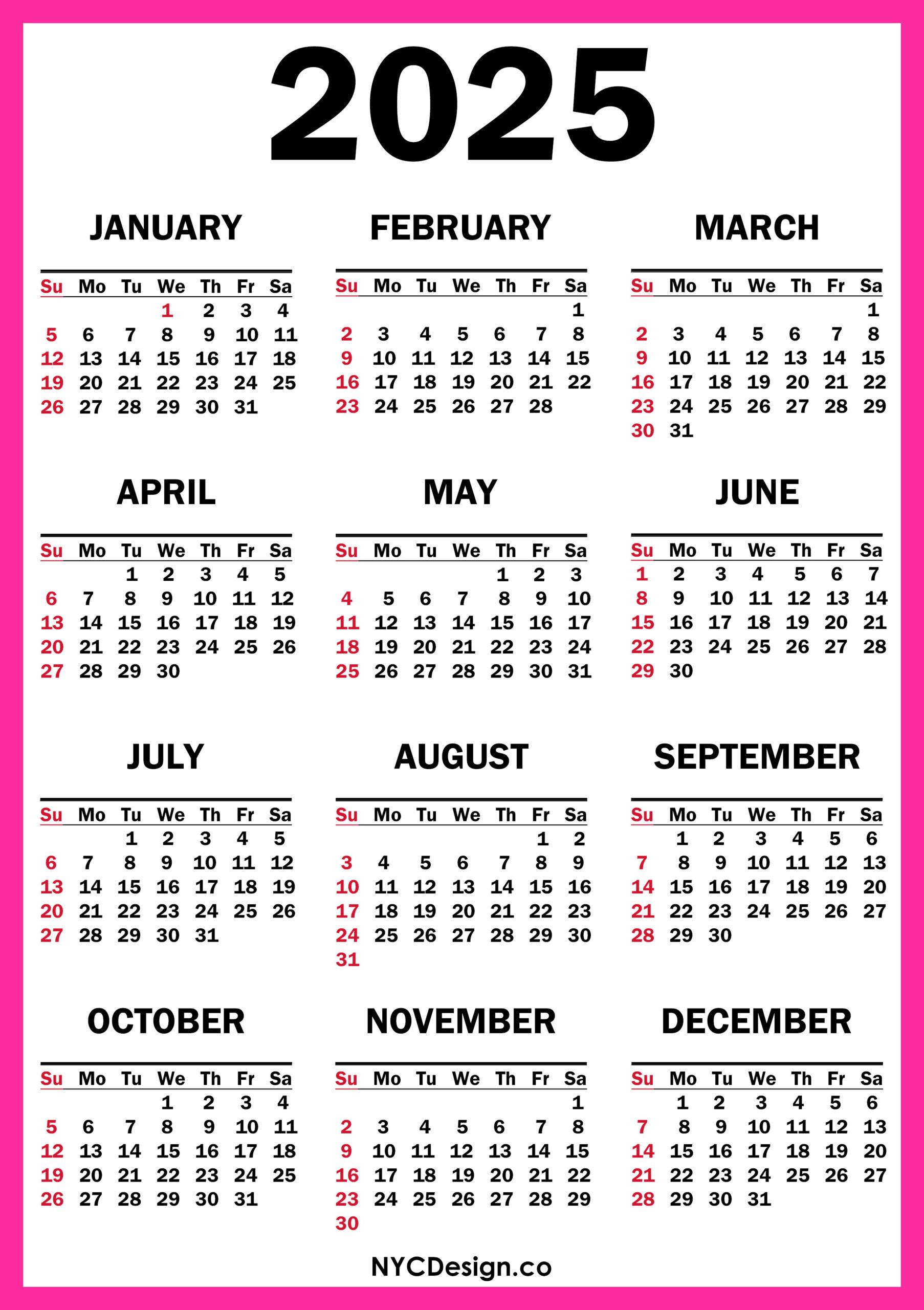 2025 Calendar Printable Free Pink Sunday Start NYCDesign co Printable Things