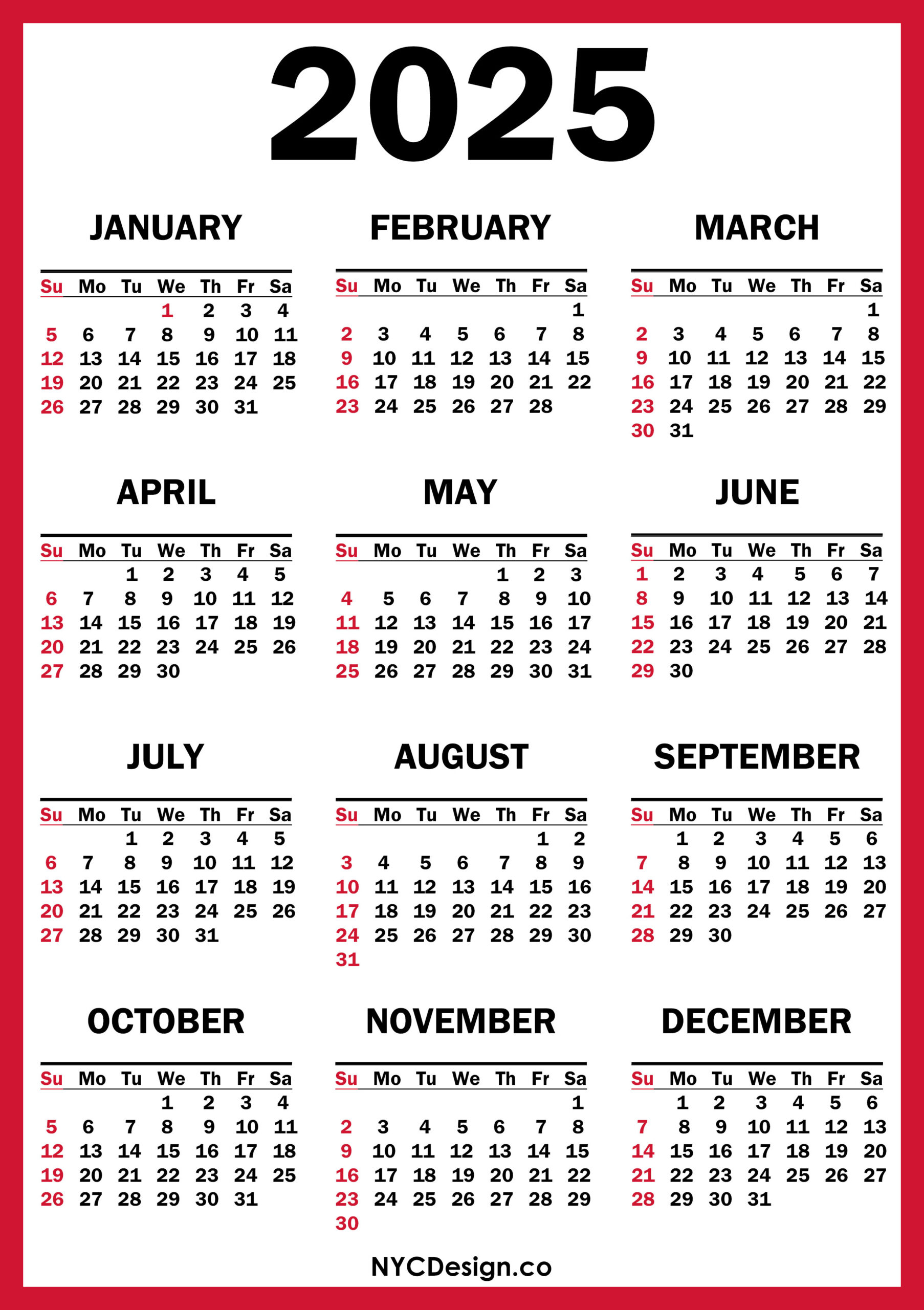 2025 Calendar Printable Free Red Sunday Start NYCDesign co Printable Things 2025 Calendar Printable Free Red Sunday Start NYCDesign co Printable Things