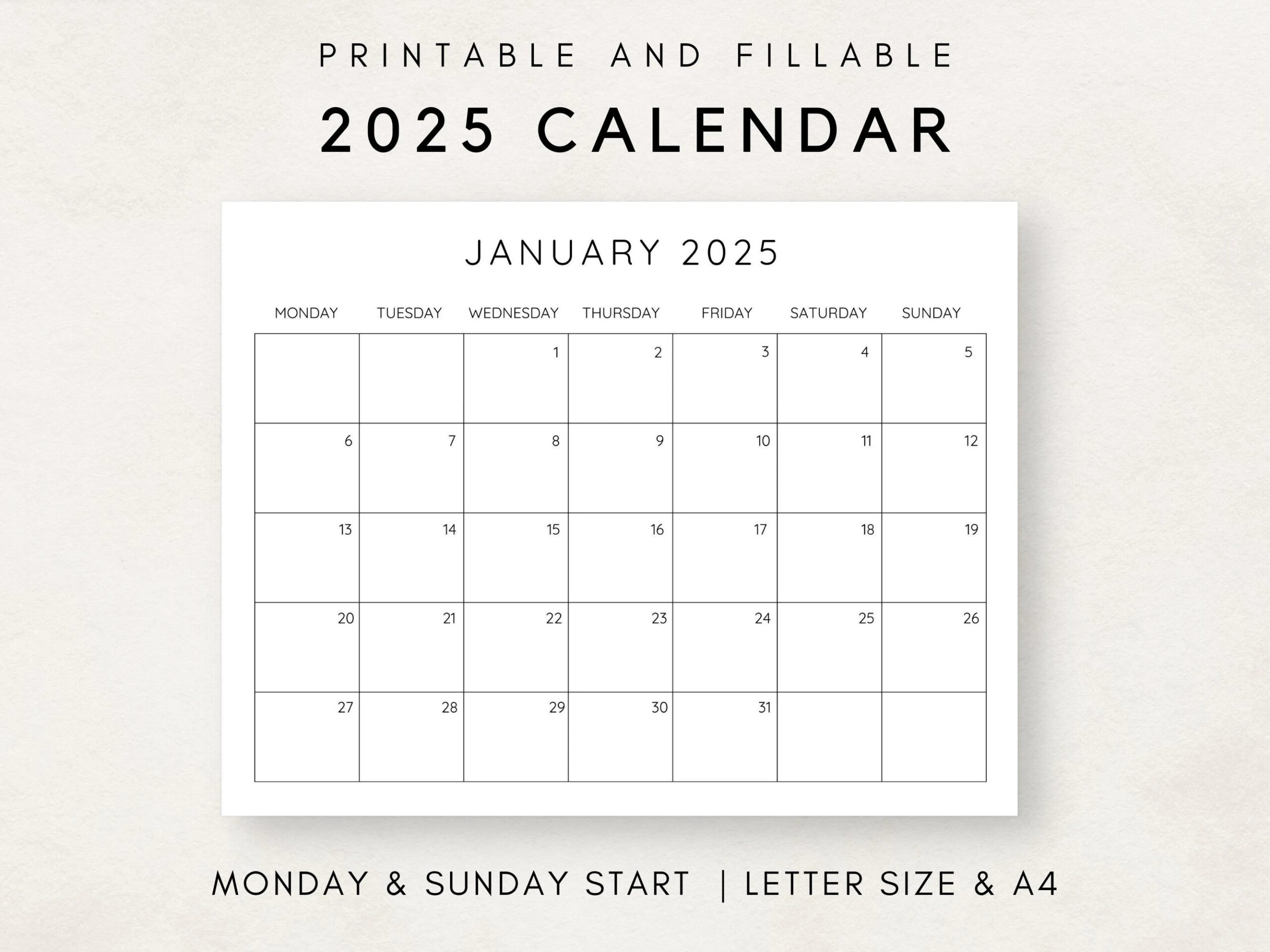 2025 calendar printable monthly calendar 2025 fillable calendar 2025 planner printable minimalist calendar simple clean calendar etsy