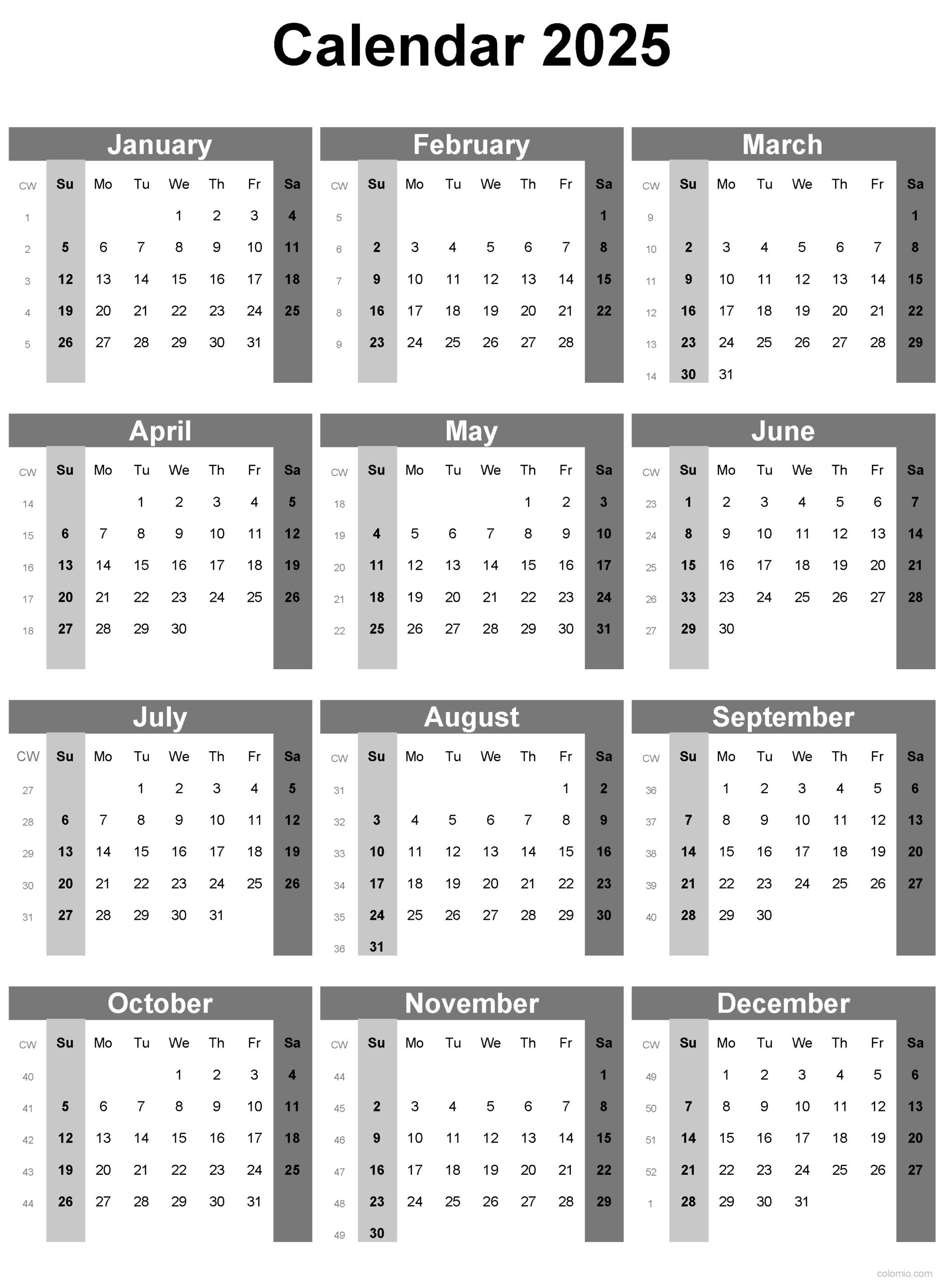 2025 calendar printable pdf excel and image file free download easy to print annual calendars