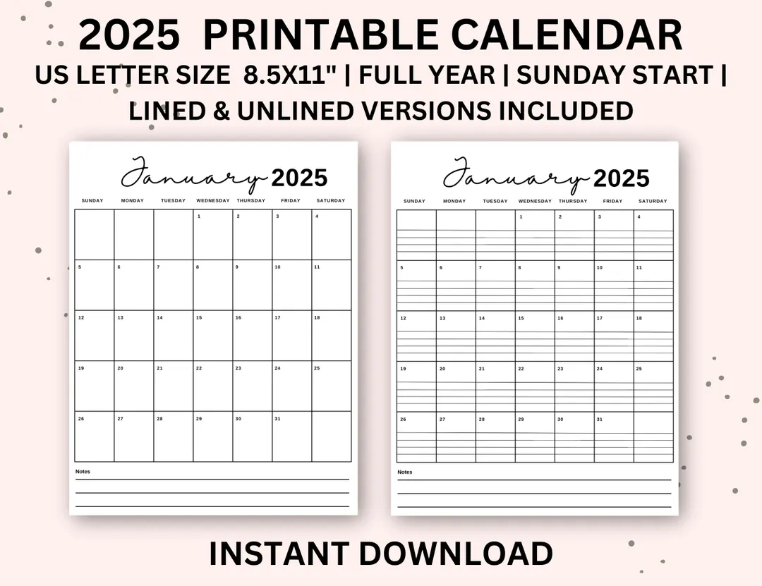 2025 Calendar Printable Portrait Monthly Calendar With Lines Monthly Calendar Vertical Lined Monthly Calendar Etsy