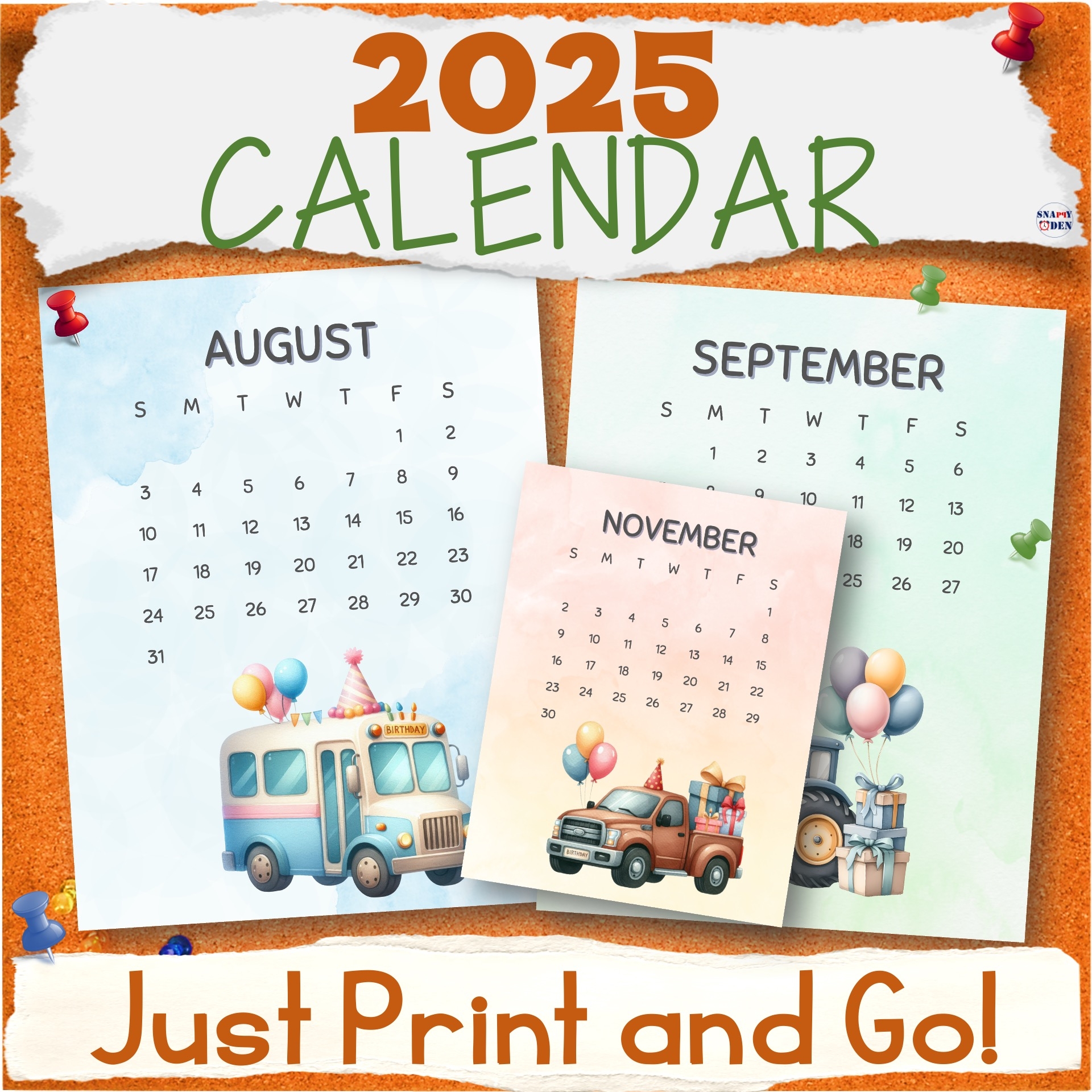 2025 Calendar Printable Portrait Template Party Vehicles Monthly Dated Calendars Made By Teachers