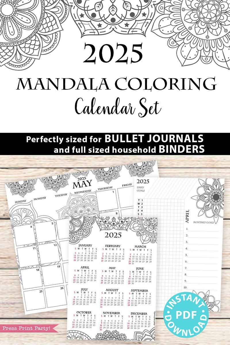 2025 Calendar Printable Set For Bullet Journals Or Binders Mandala for Bullet Journals Or Binders 