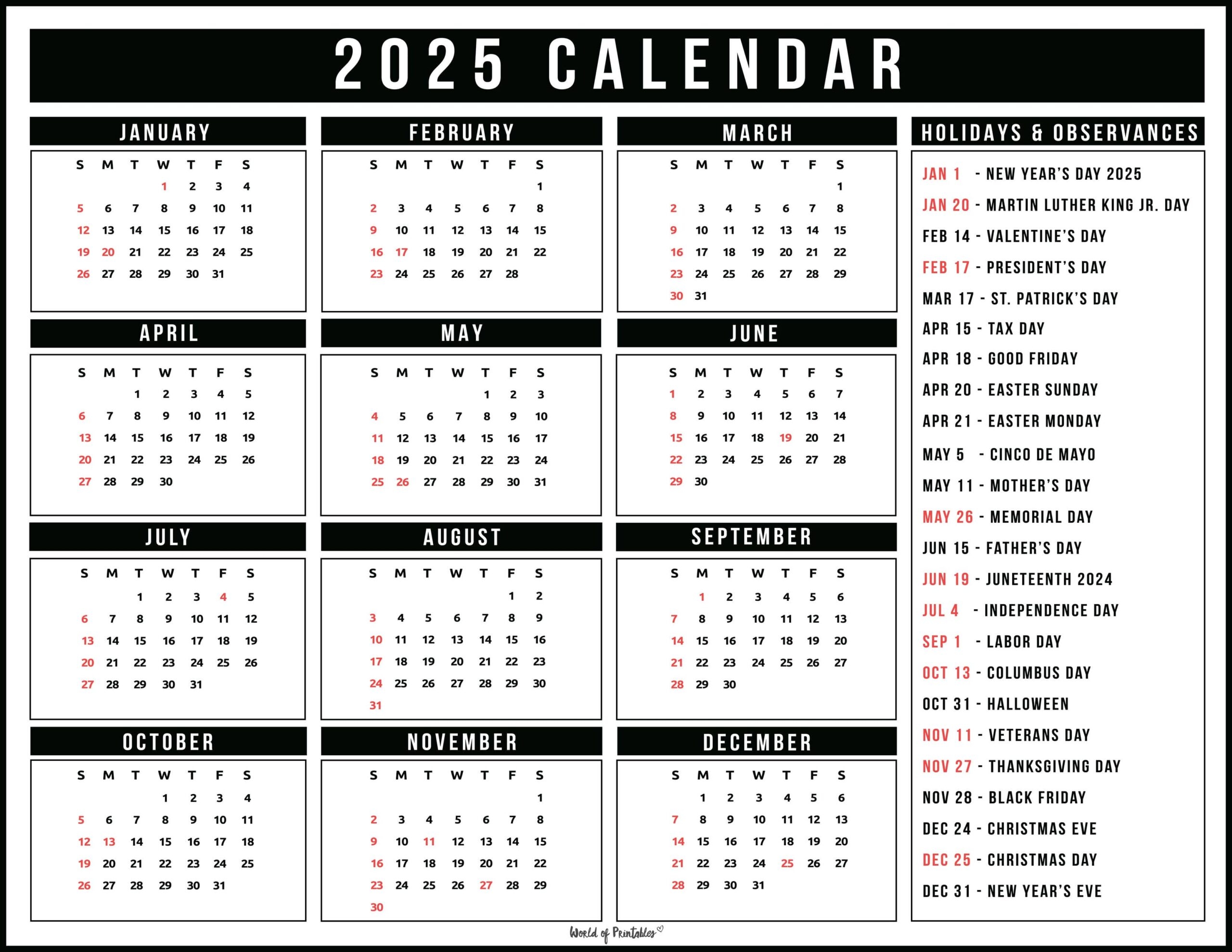 Printable 2025 Yearly Calendar With Holidays
