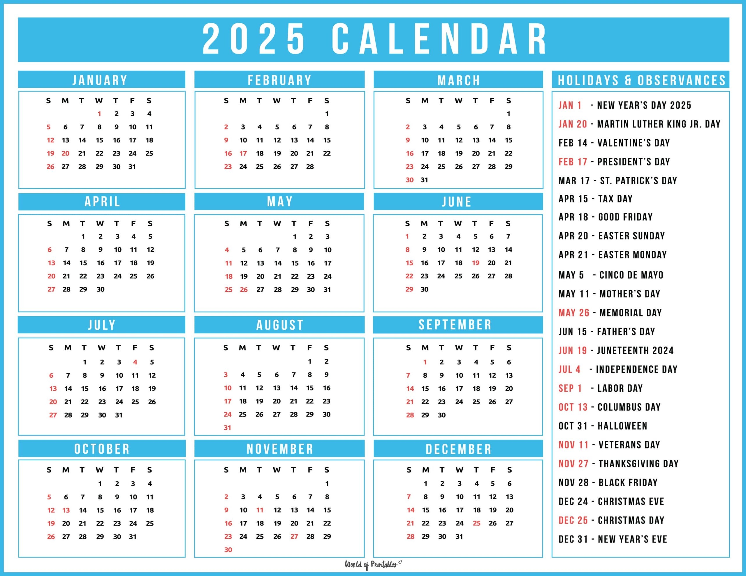 2025 Calendar With Holidays Free Printables In 28 Unique Styles World Of Printables 2025 Calendar With Holidays Free Printables In 28 Unique Styles World Of Printables