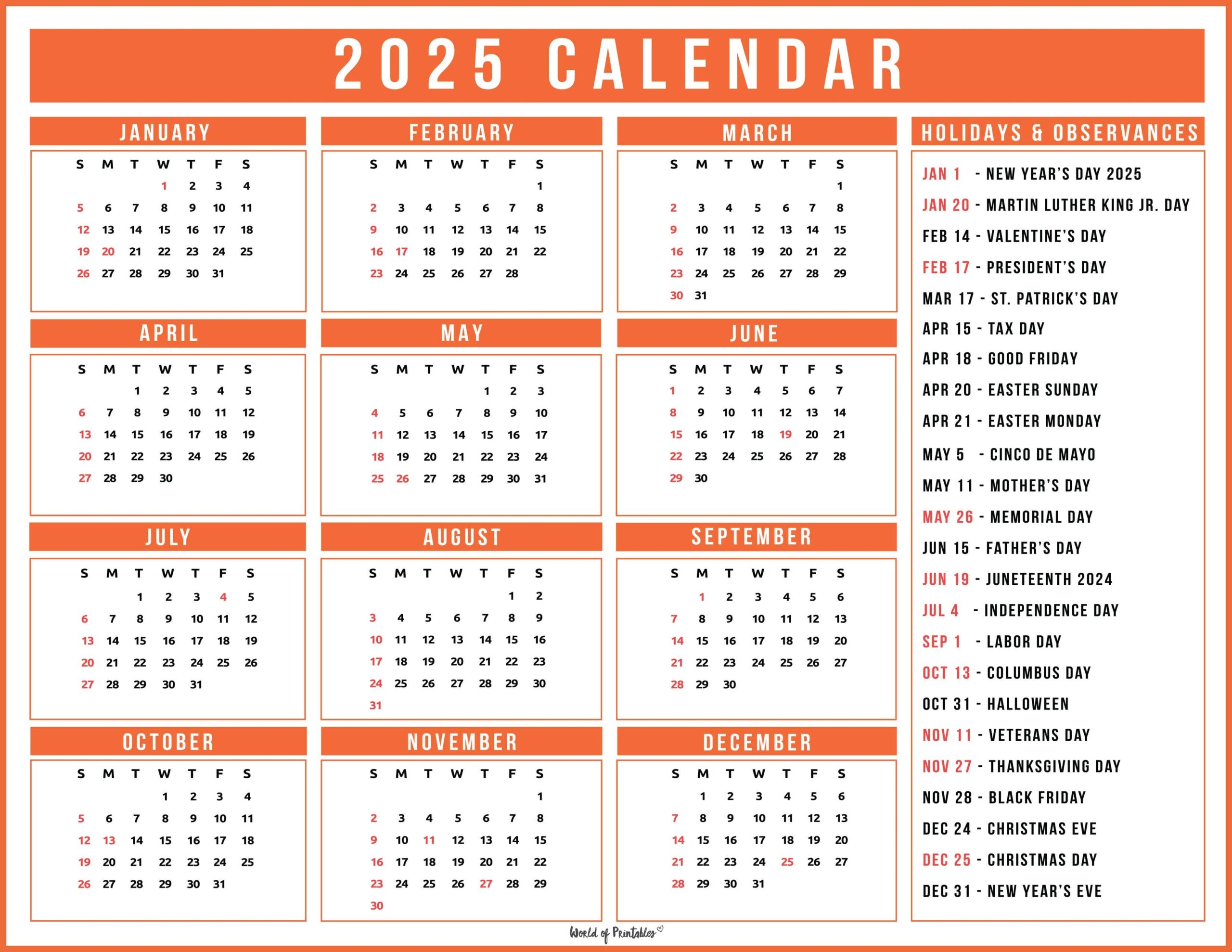 2025 Calendar With Holidays Free Printables In 28 Unique Styles World Of Printables 2025 Calendar With Holidays Free Printables In 28 Unique Styles World Of Printables