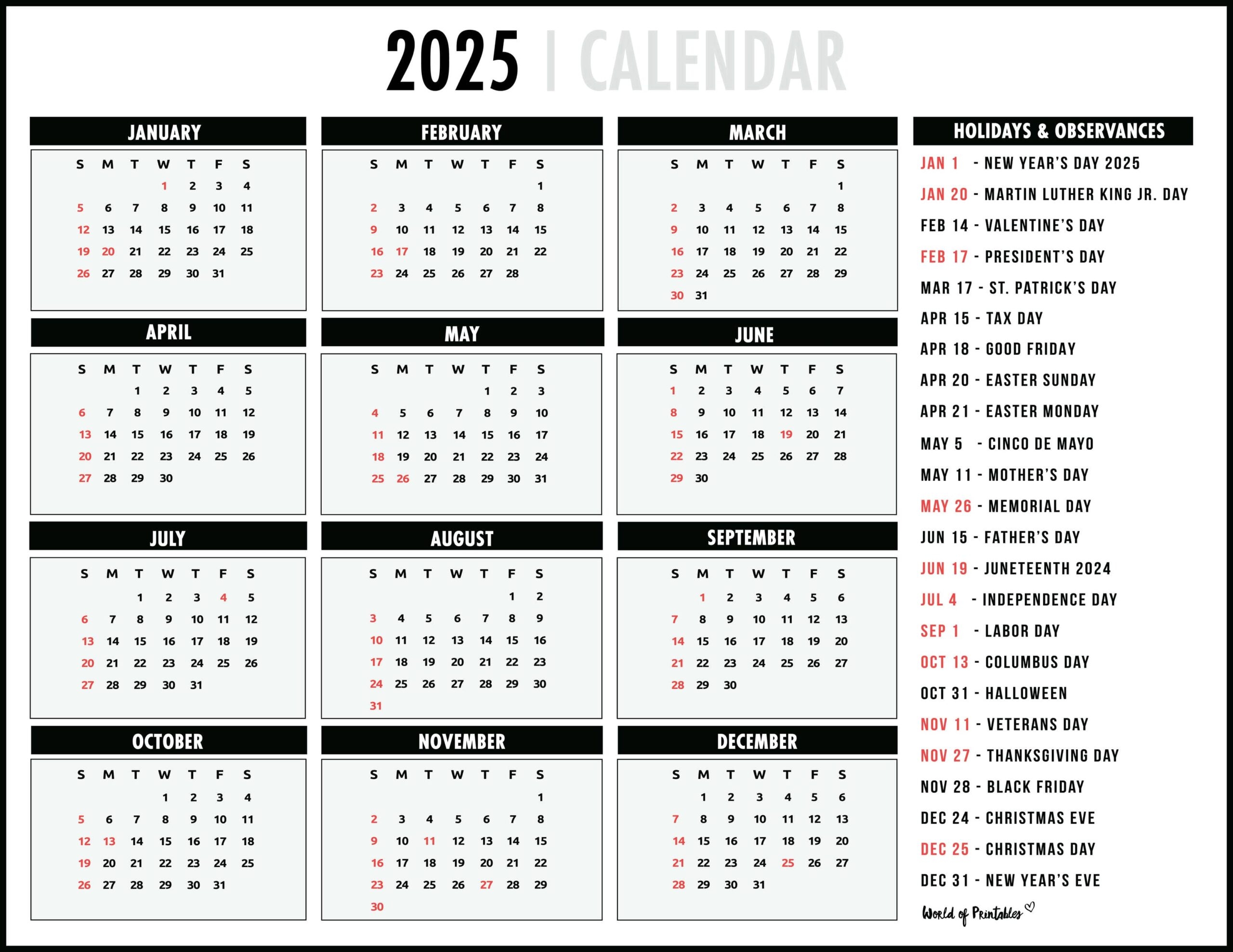 Free Printable Monthly Calendars 2025 With Holidays