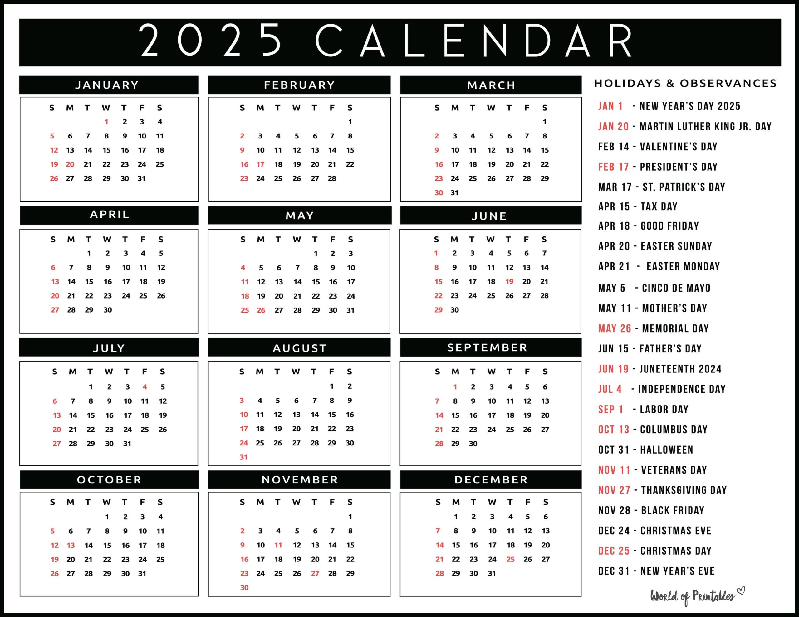 2025 Calendar With Holidays Free Printables In 28 Unique Styles World Of Printables 2025 Calendar With Holidays Free Printables In 28 Unique Styles World Of Printables