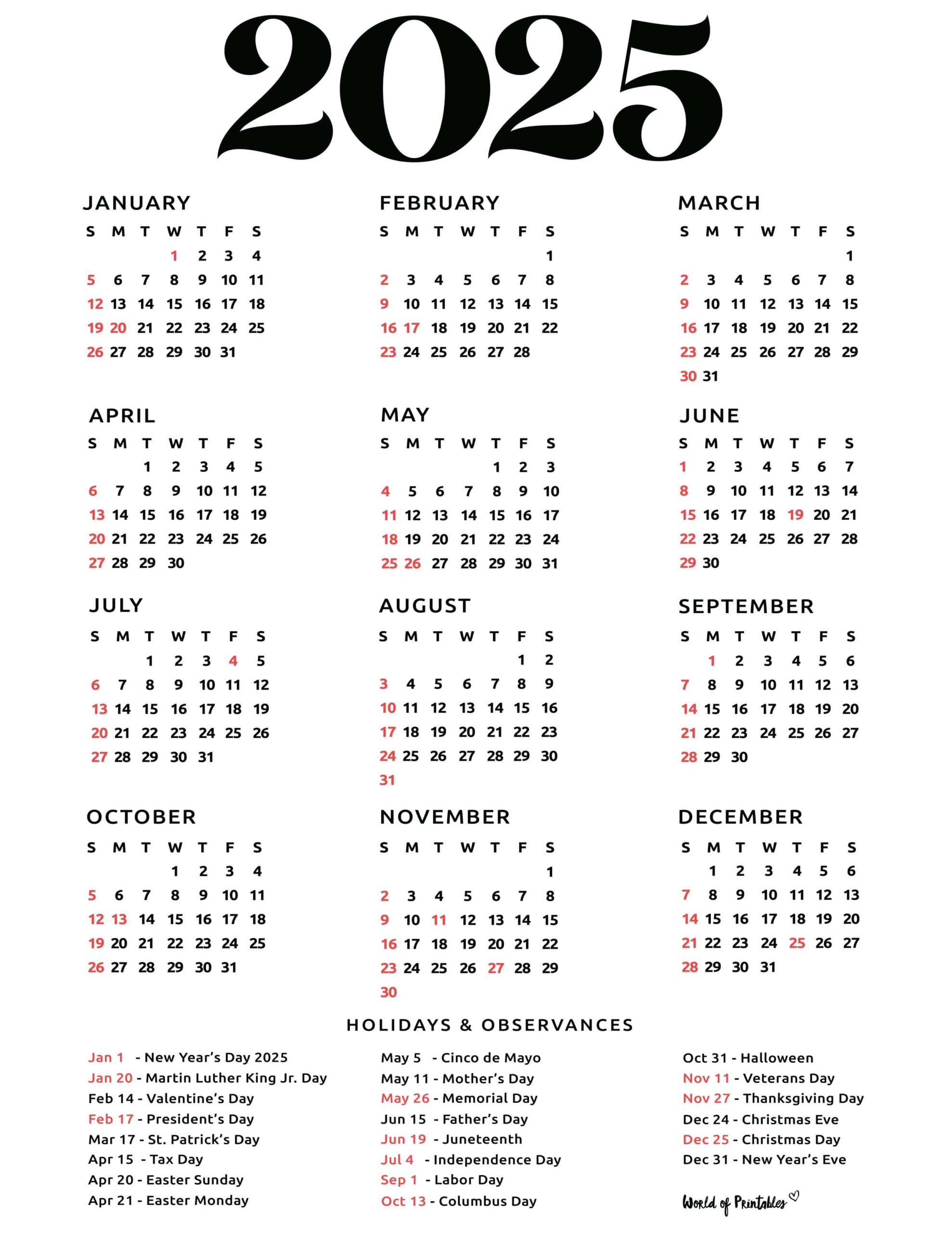 2025 Calendar With Holidays Free Printables In 28 Unique Styles World Of Printables 2025 Calendar With Holidays Free Printables In 28 Unique Styles World Of Printables