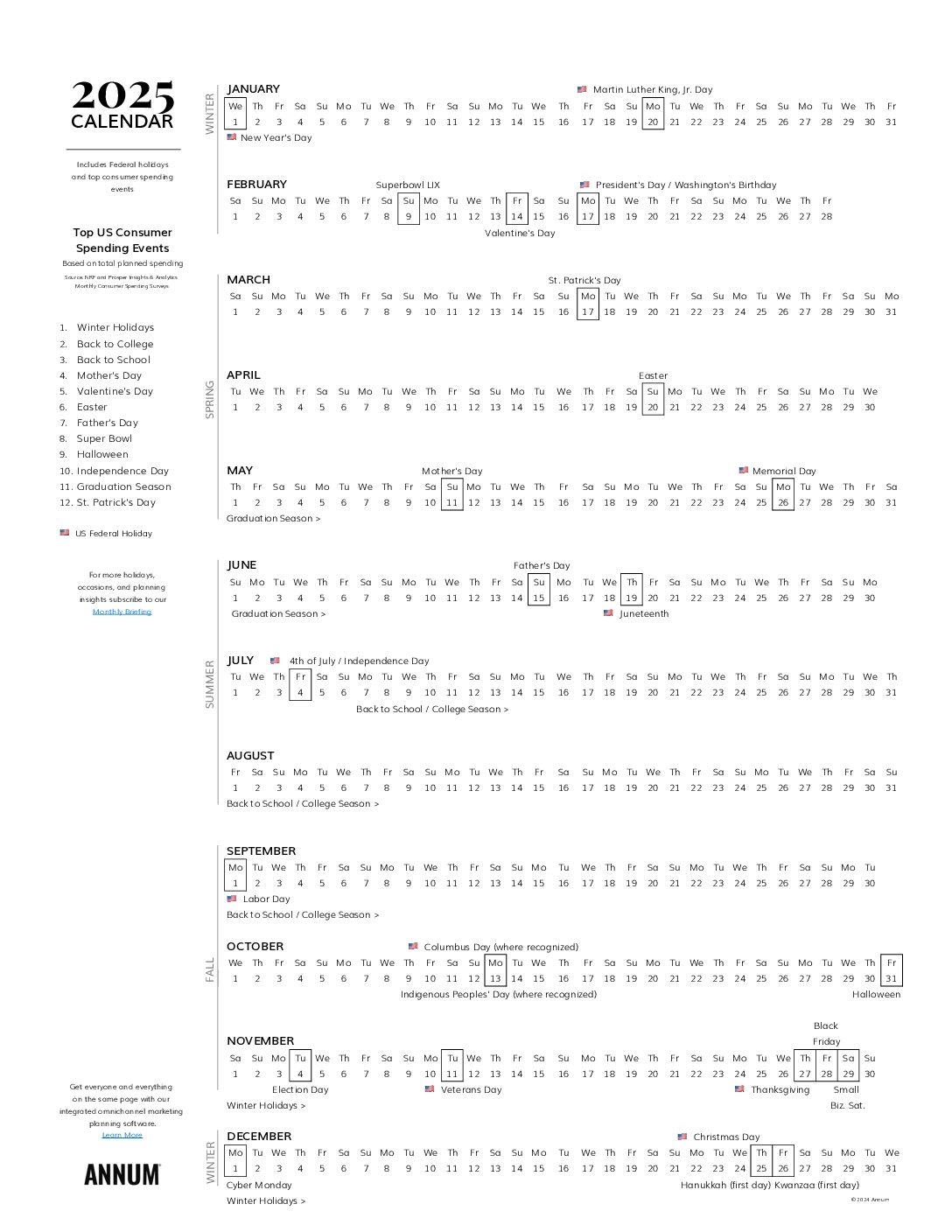 2025 Calendar With Holidays Printable Annum