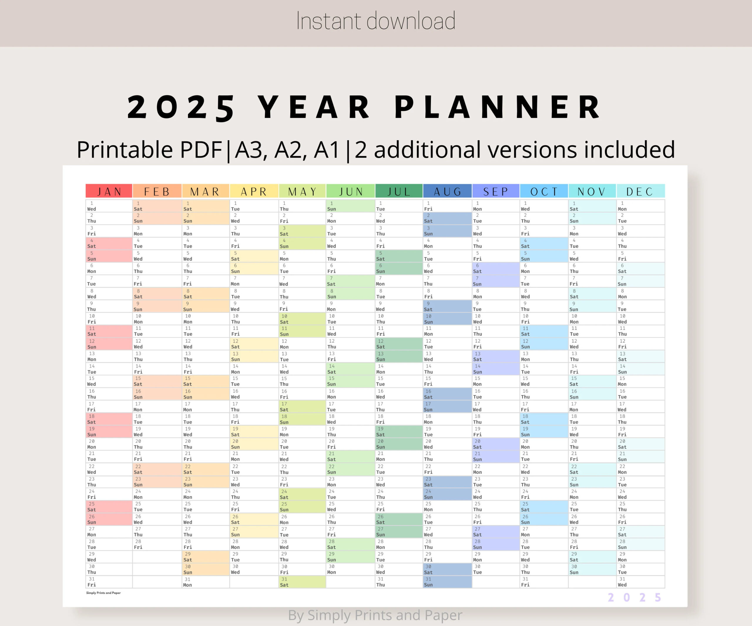 2025 Colorful Wall Calendar Printable Yearly Planner Large Wall Calendar Print A3 A2 A1 Year At A Glance Planner Horizontal Etsy