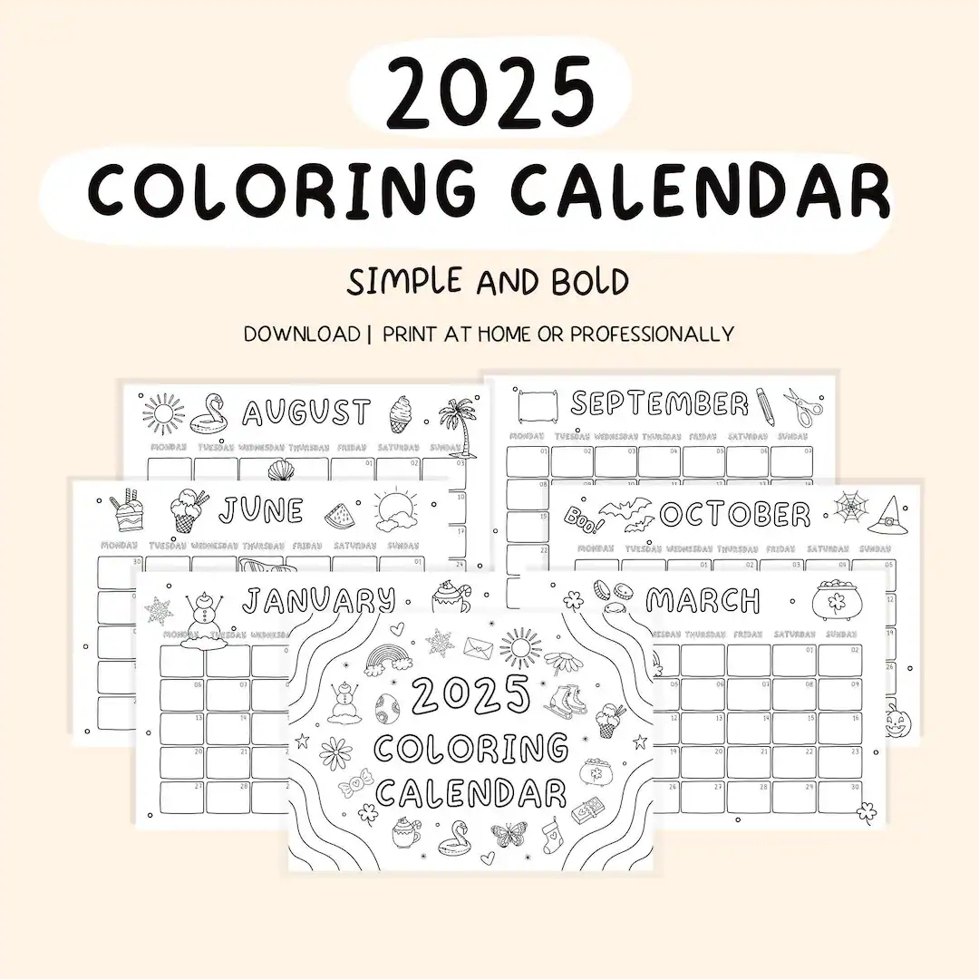 2025 Coloring Calendar Kids Calendar 2025 Monthly Planner Printable Calendar Color My Own Calendar 2025 Calendar Etsy
