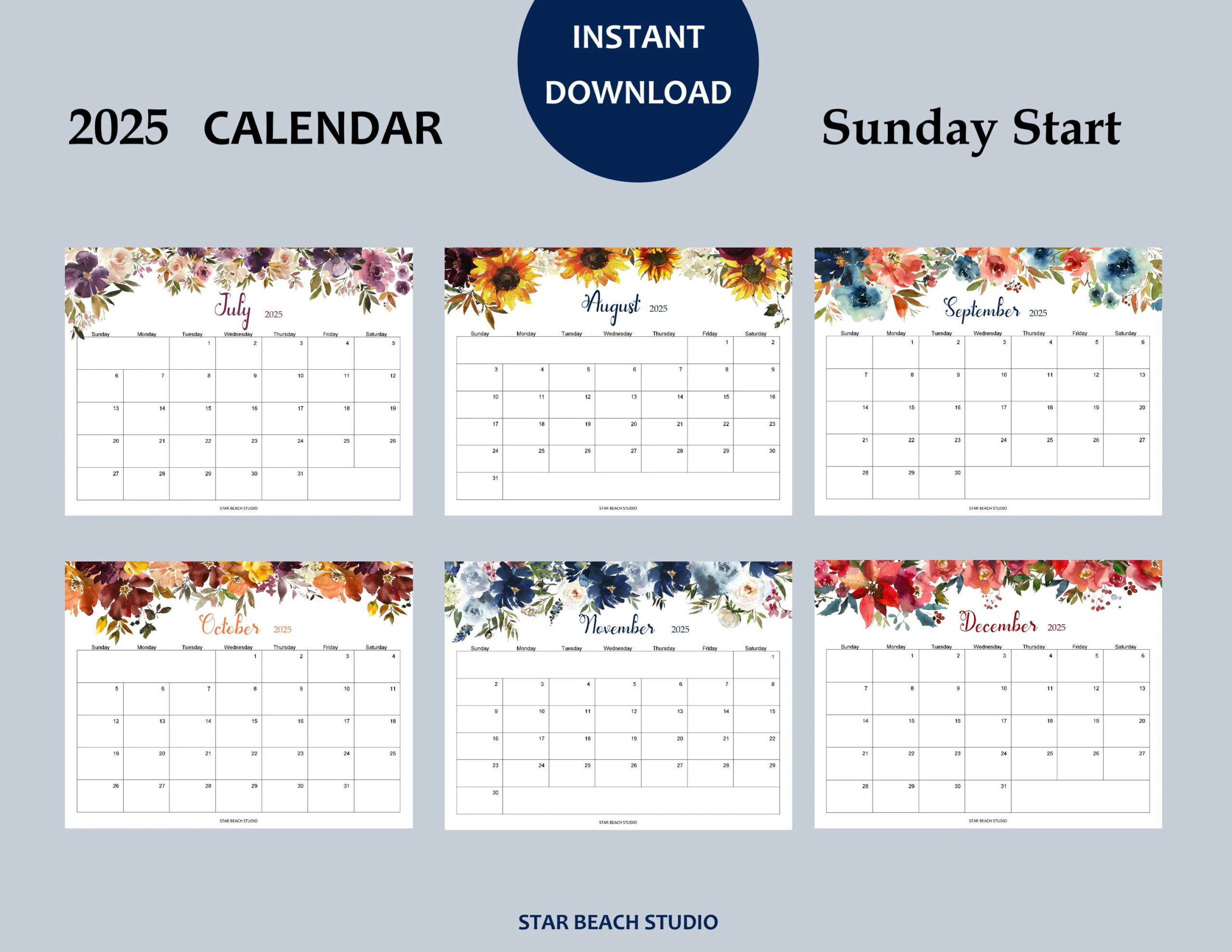 2025 Floral Calendar Printable Monthly Planner digital PDF Etsy