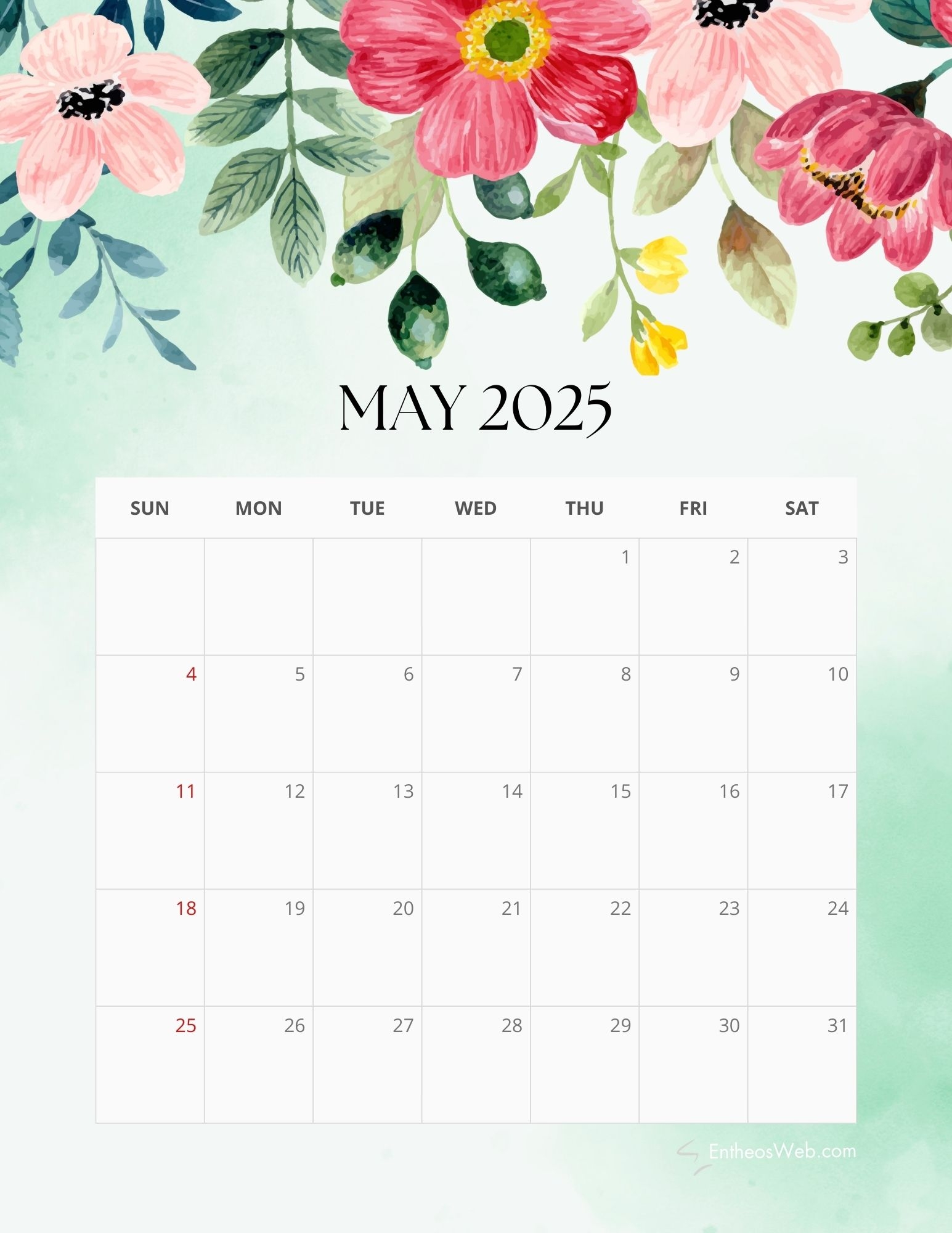 2025 Floral Monthly Calendar Free PDF Printable EntheosWeb