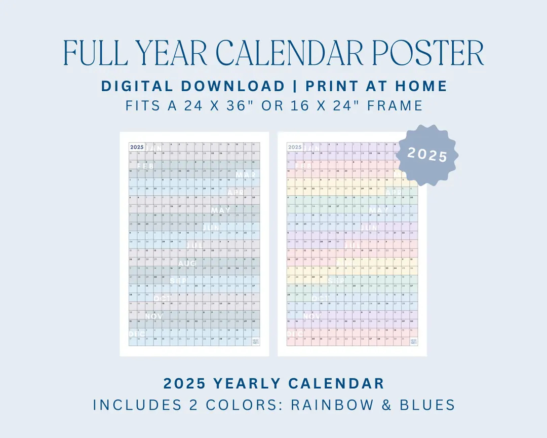 2025 Full Year Calendar Poster Calendar Year Planner Digital Download School Calendar 2025 Year Poster Academic Planner Etsy