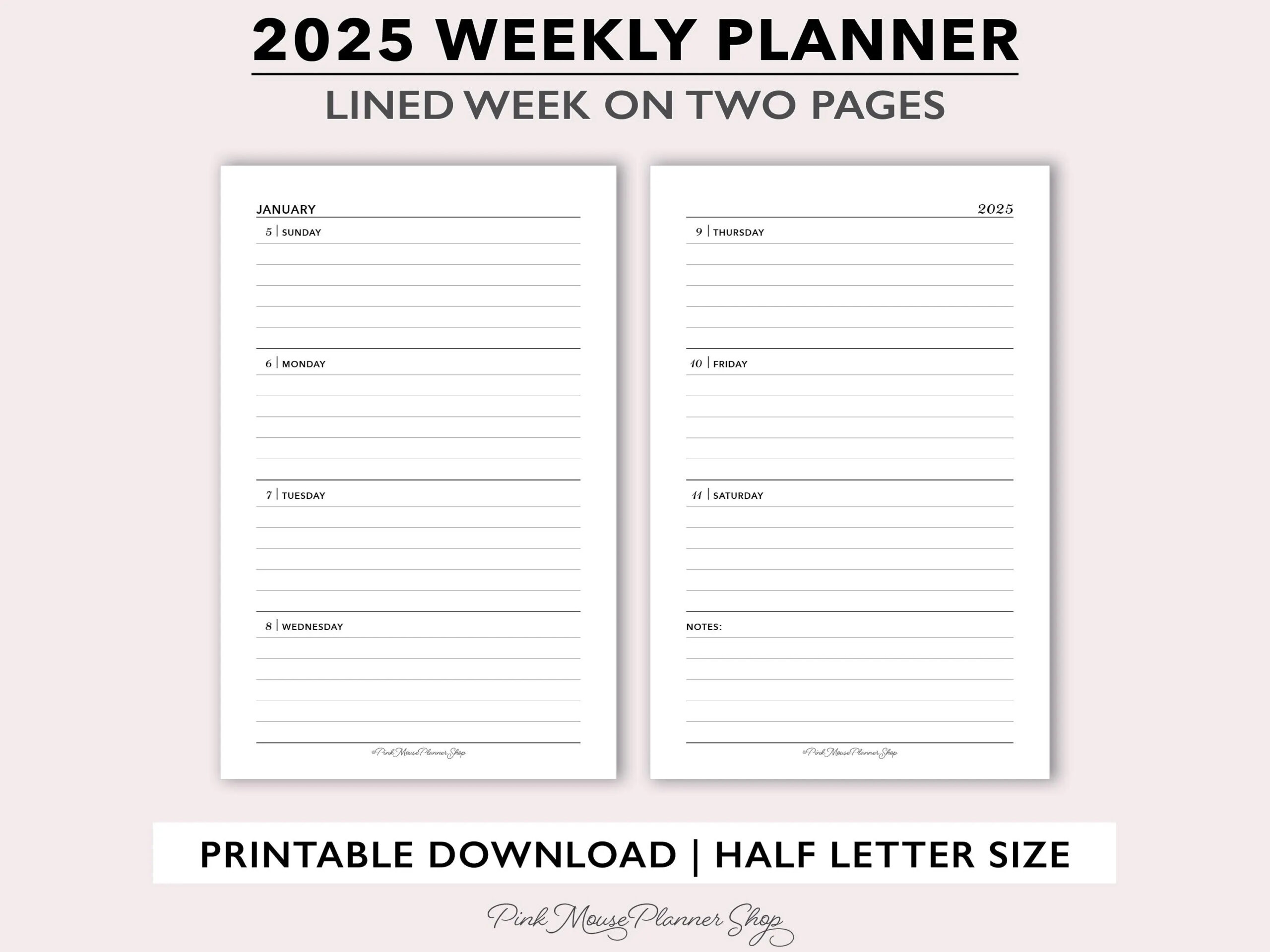 2025 Lined Weekly Planner Printable 2025 Weekly Planner Template Weekly Calendar For Ring Binders Half Size Week On 2 Page Ruled Agenda Etsy