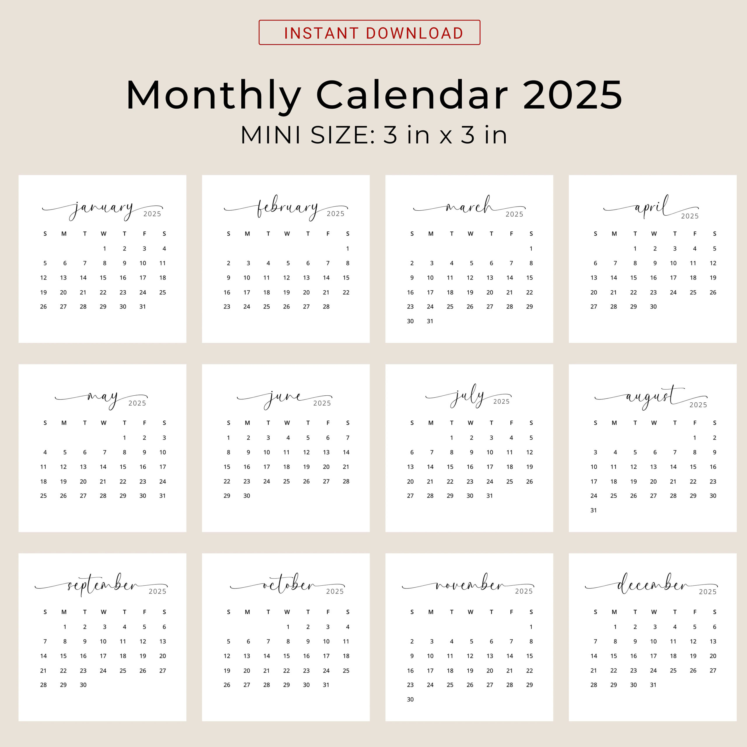 2025 Mini Calendar Printable 3x3 Elegant Design PDF Download Etsy 2025 Mini Calendar Printable 3x3 Elegant Design PDF Download Etsy