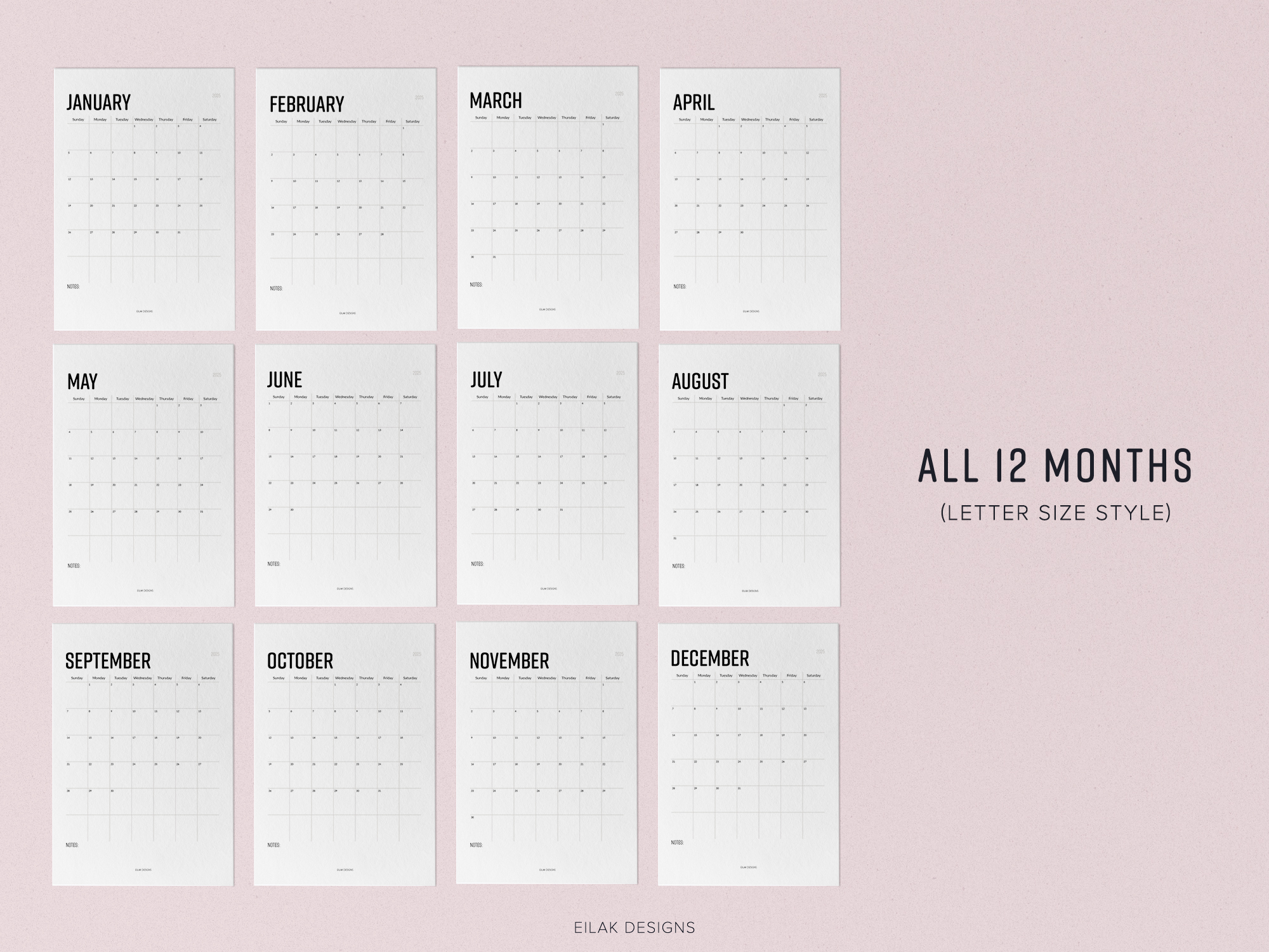 12 Month Printable 2025 Calendar