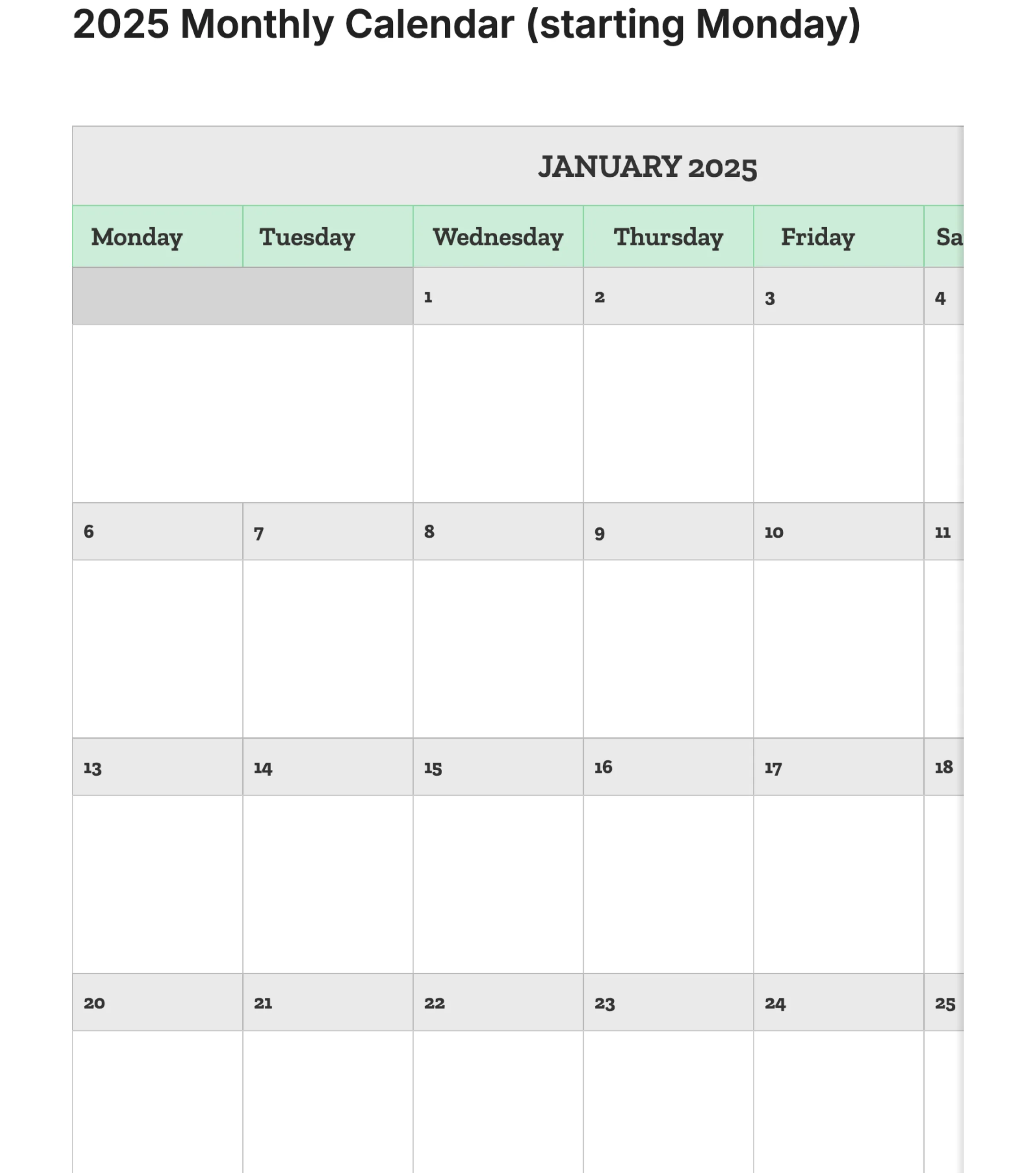 2025 Monthly Calendar Template