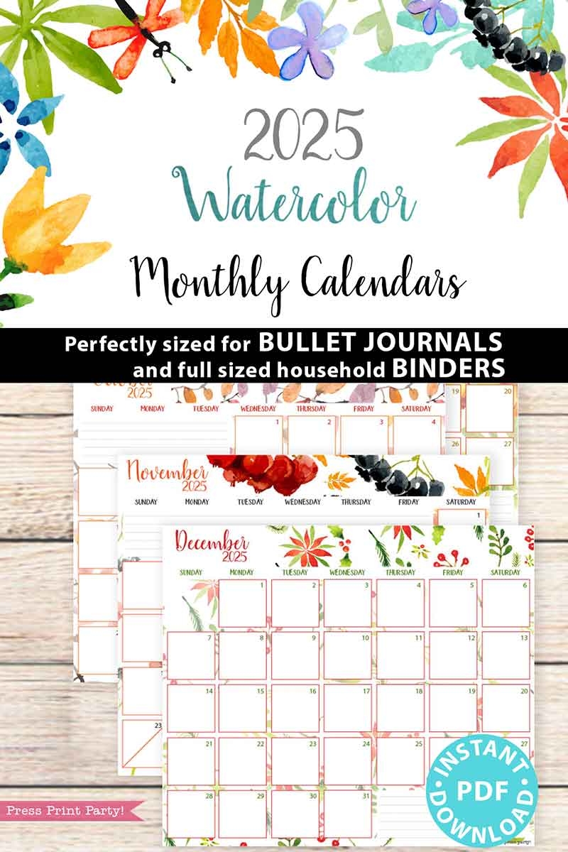 2025 Monthly Calendars For Bullet Journals Or Binders Watercolor Printable 