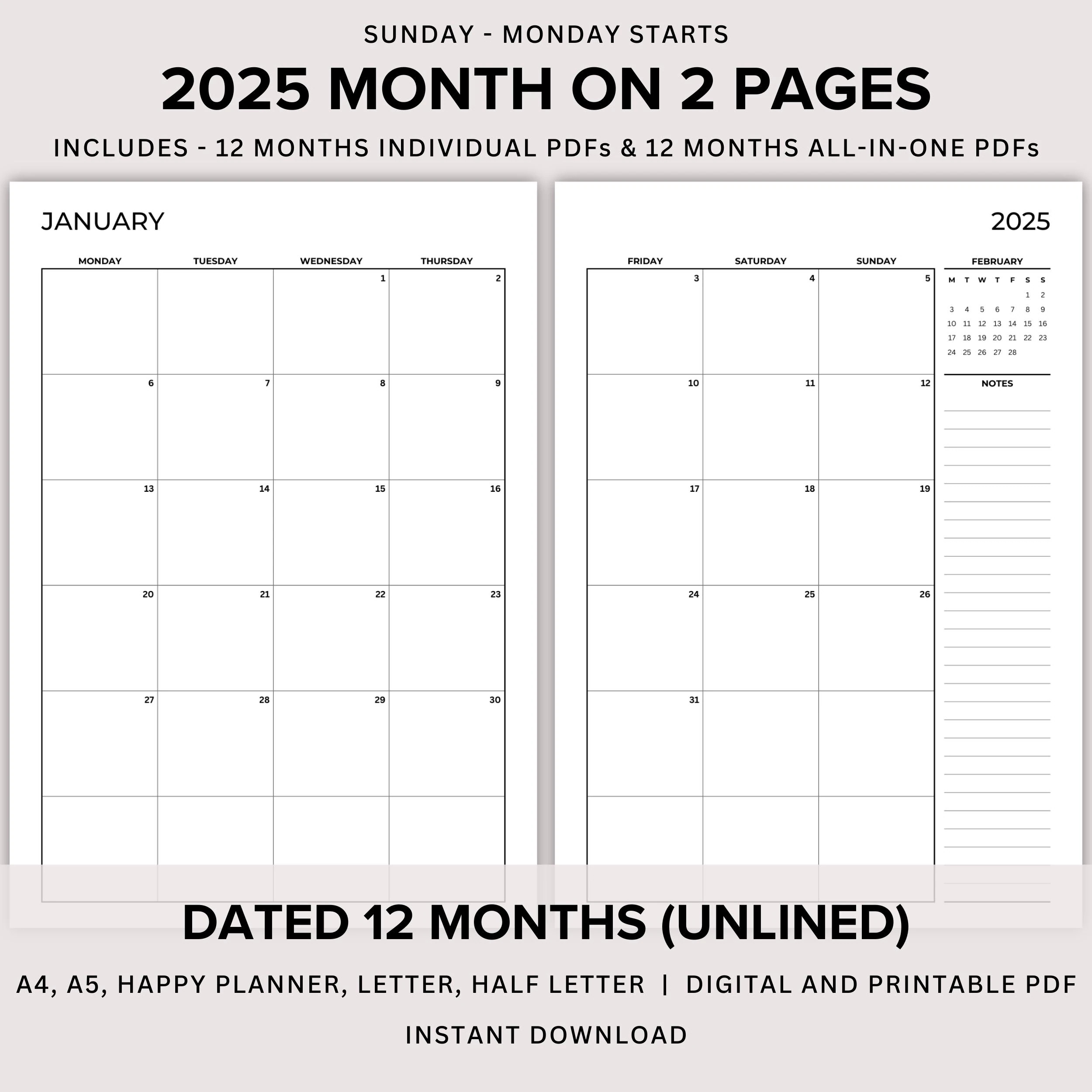 2025 Monthly Planner Printable Dated Month On 2 Pages Unlined Monthly Plan 2 Page 2025 Calendar 2 Page Per Month A4 a5 letter half hp Etsy