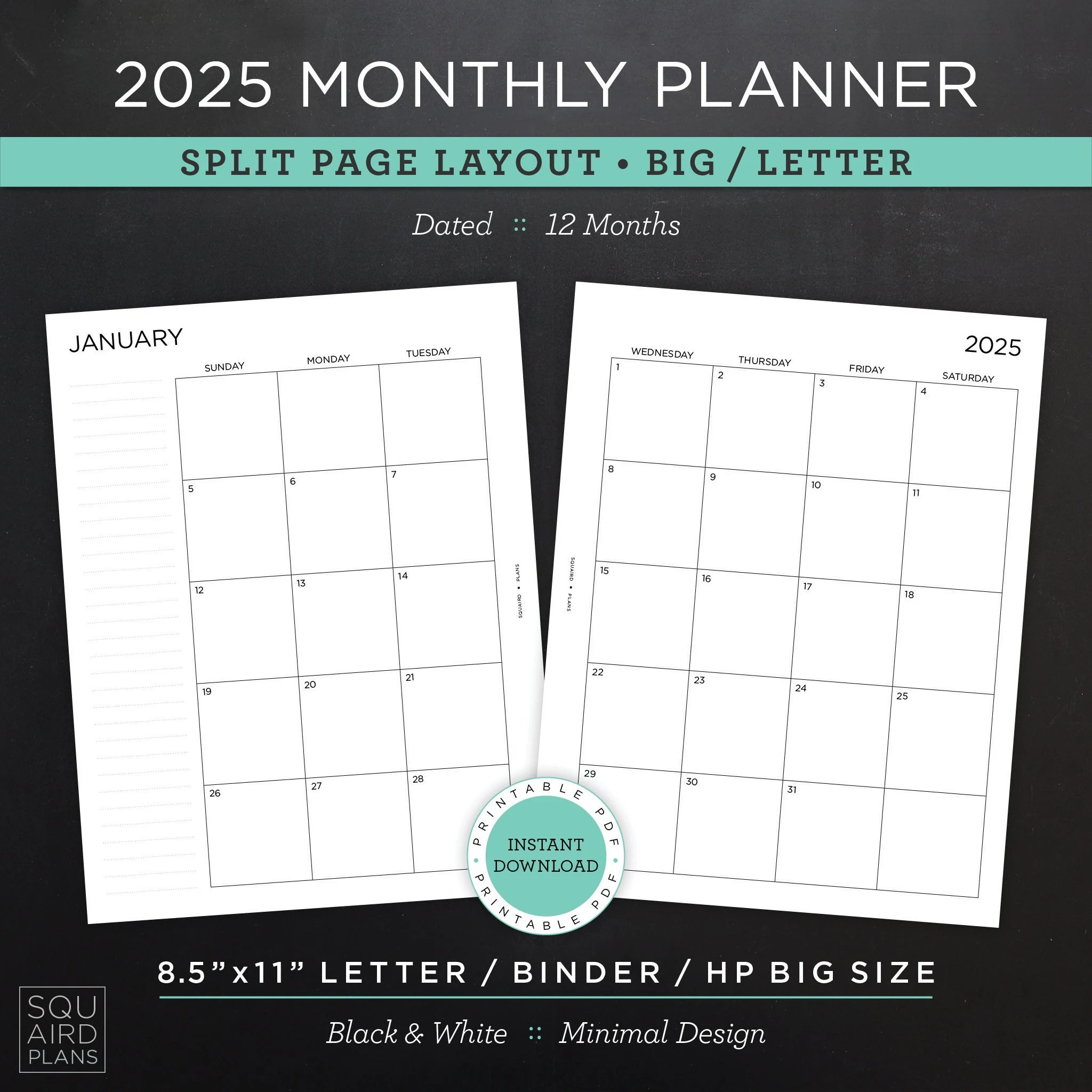 2025 Monthly Planner Printable Split page Layout 8 5 x11 Letter binder hp Big Size Minimal Neutral Design 2 Page Spread download Etsy