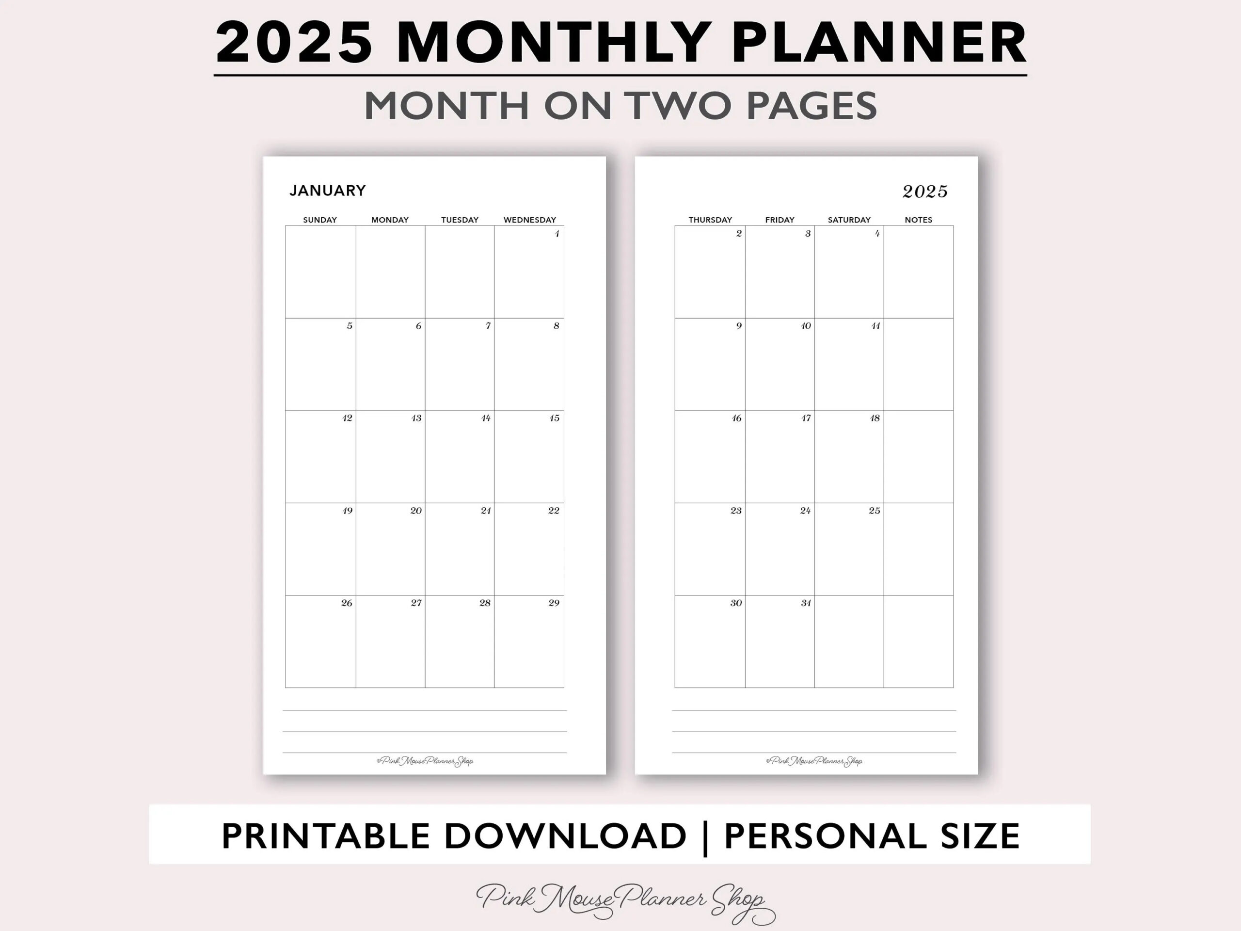 2025 Monthly Printable Planner Inserts Month On 2 Pages Calendar Template Printable Two Page Monthly Calendar For Personal Size Planners Etsy