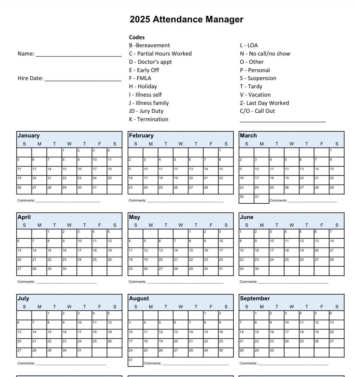 2025 Printable Calendar For Employee Attendance School PTO Schedule Time Off Tracker Small Business Data Vacation Tracker Days Off Etsy