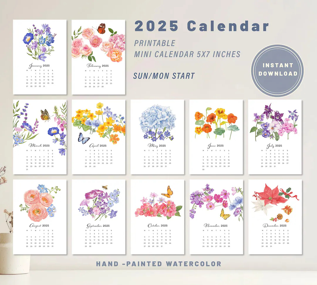 2025 Printable Calendar Watercolor Floral Calendar 2025 5 X 7 Inches Printable Calendar 2025 Desk Calendar Mini Wall Calendar 2025 Etsy