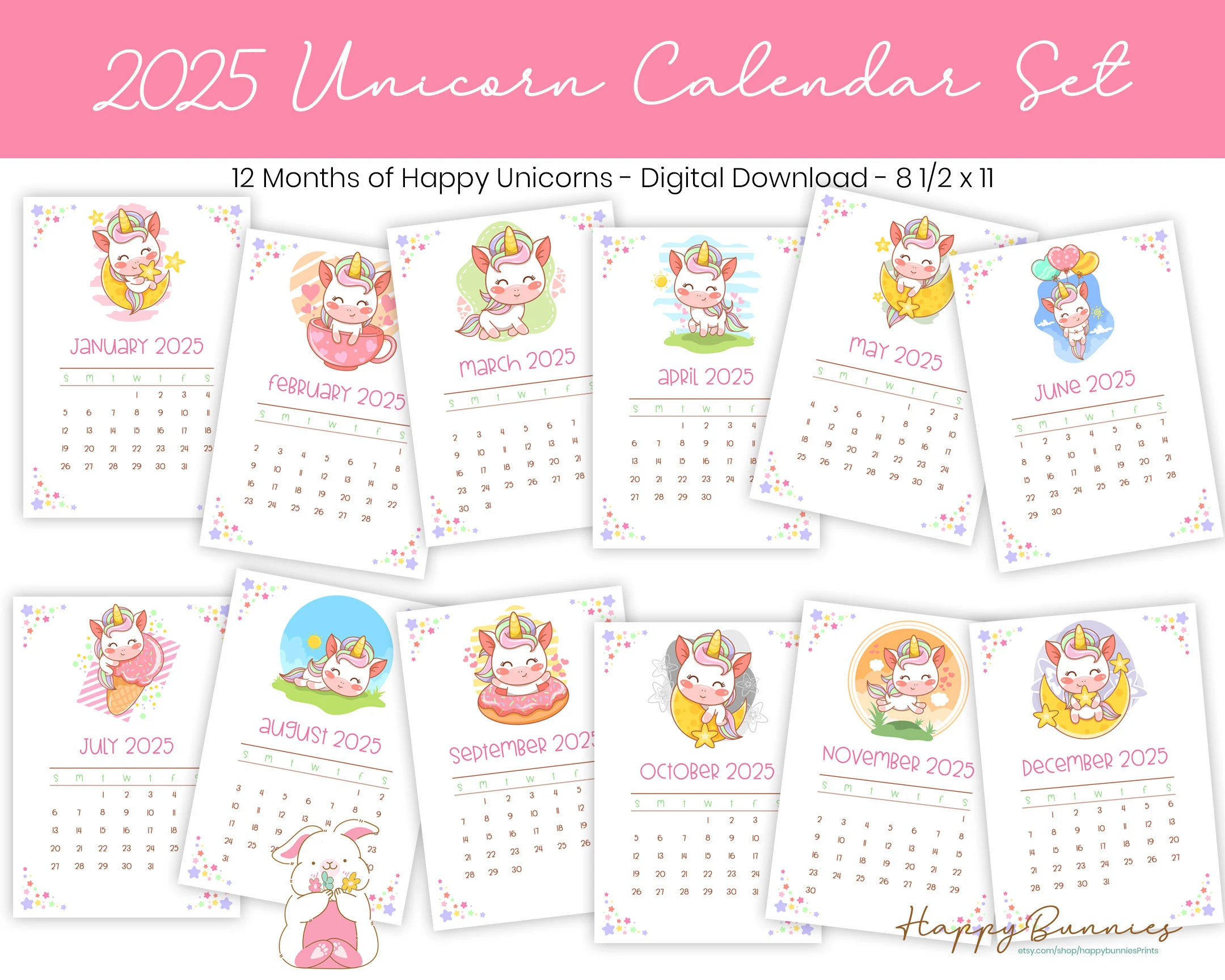 2025 Printable Unicorn Calendar 2025 Printable Calendar 2025 Unicorn Calendar Printable Instant Download Printable Calendars Etsy