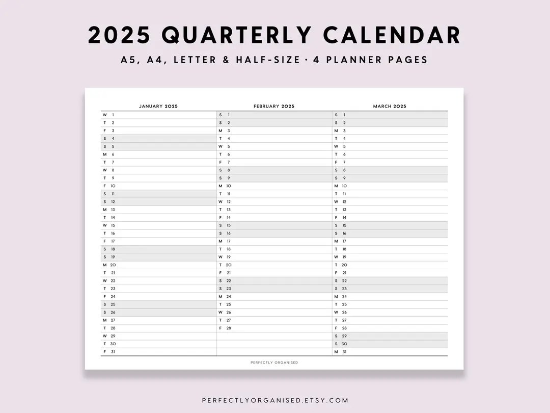2025 Quarterly Calendar 2025 Foldout Calendar 2025 Folding Calendar 2025 3 Month Calendar Classic A5 Half size A4 Letter PRINTABLE Etsy