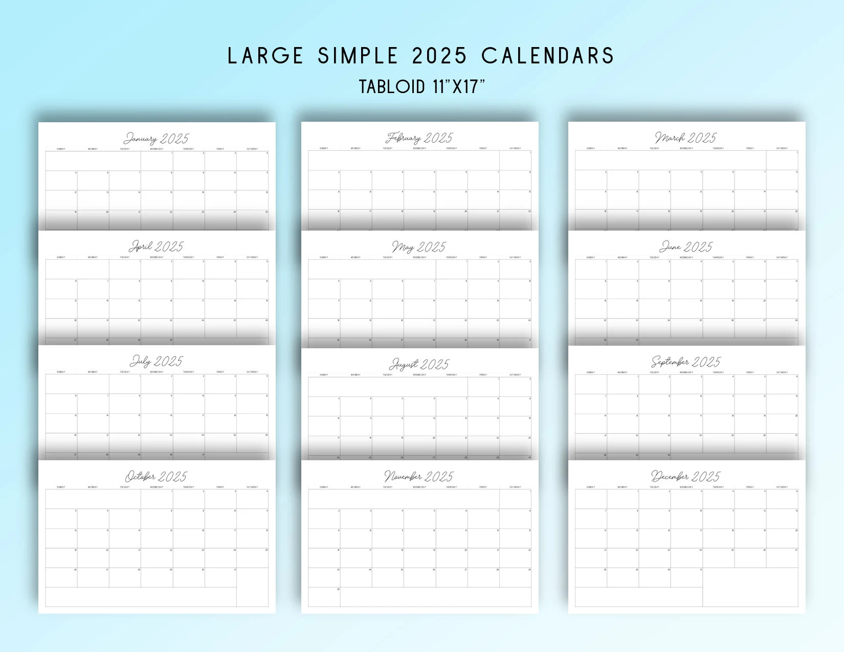 2025 Tabloid Printable Calendar Simple Functional Etsy